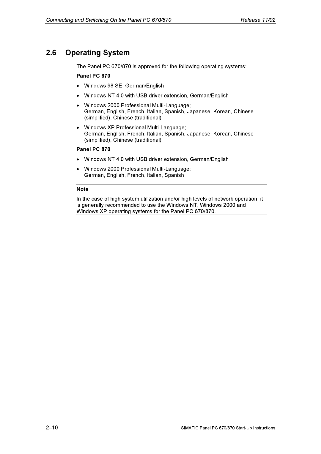 Siemens Panel PC 870 appendix Operating System 