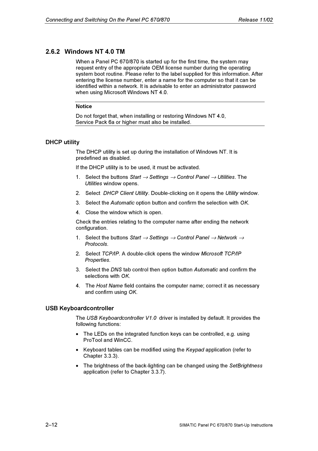 Siemens Panel PC 870 appendix Windows NT 4.0 TM, Dhcp utility, USB Keyboardcontroller 