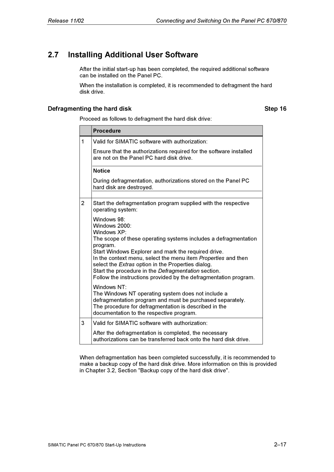 Siemens Panel PC 870 appendix Installing Additional User Software, Defragmenting the hard disk Step, Procedure 