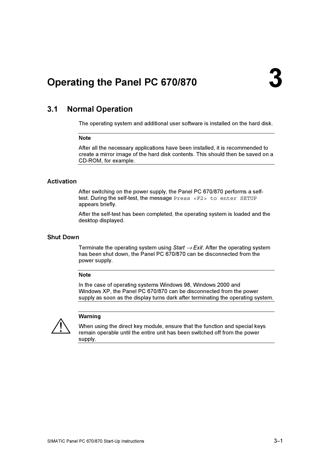 Siemens Panel PC 870 appendix Operating the Panel PC 670/870, Normal Operation, Activation, Shut Down 