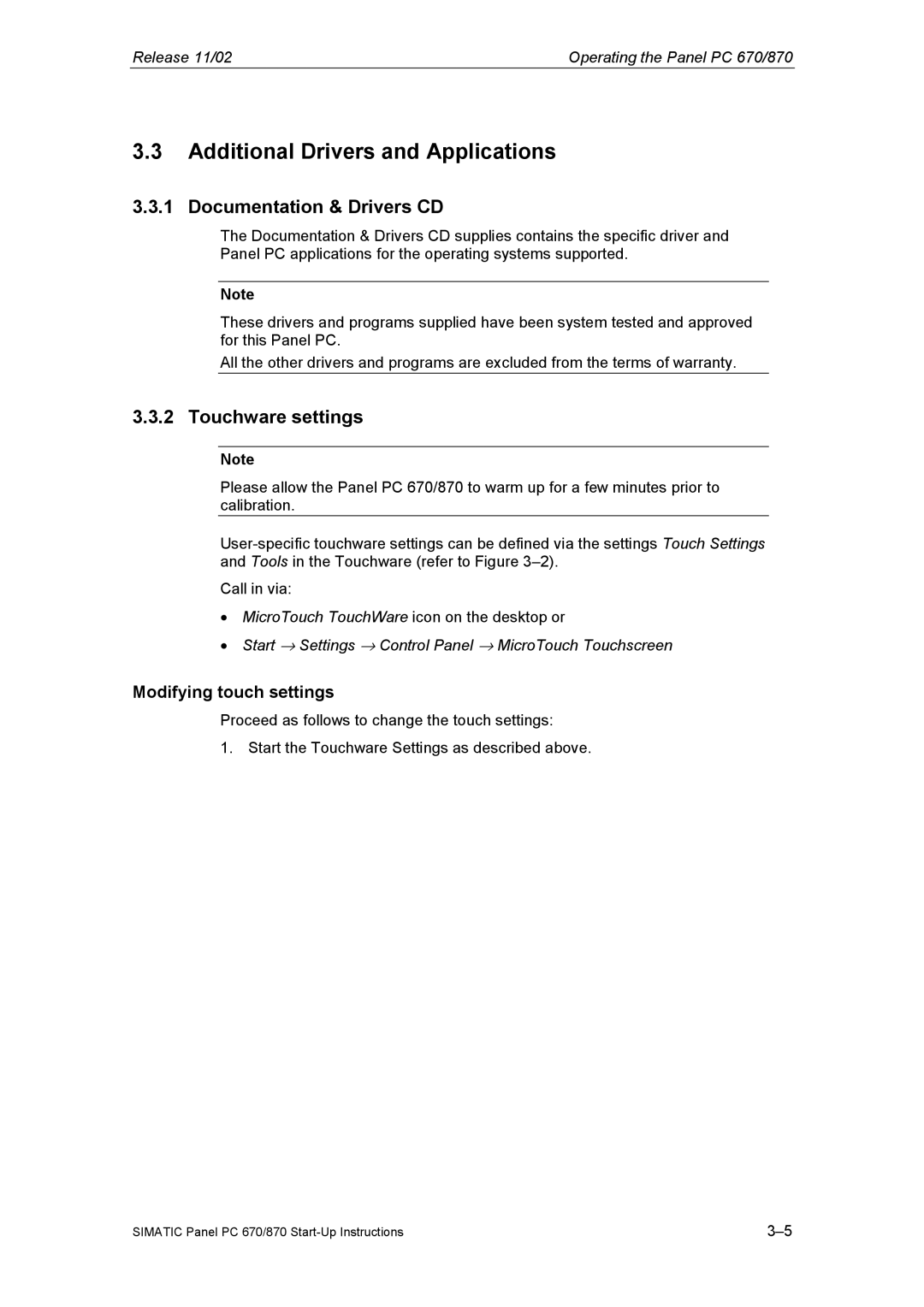 Siemens Panel PC 870 appendix Additional Drivers and Applications, Documentation & Drivers CD, Touchware settings 