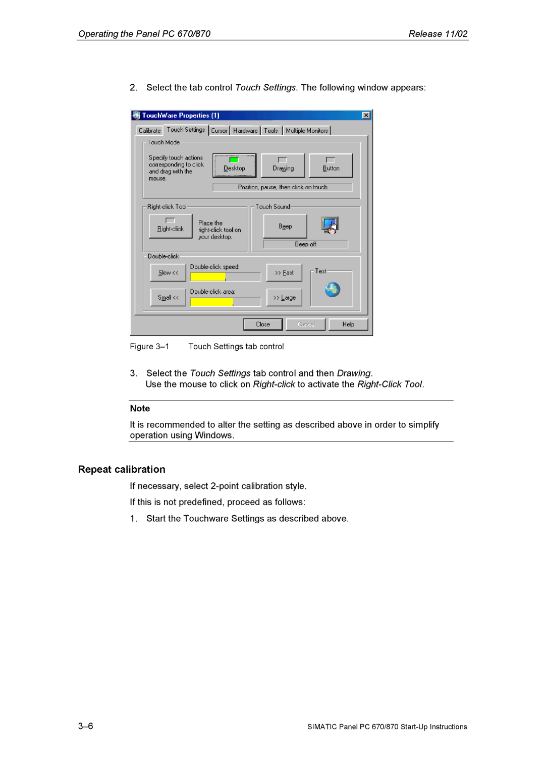 Siemens Panel PC 870 appendix Repeat calibration, Touch Settings tab control 