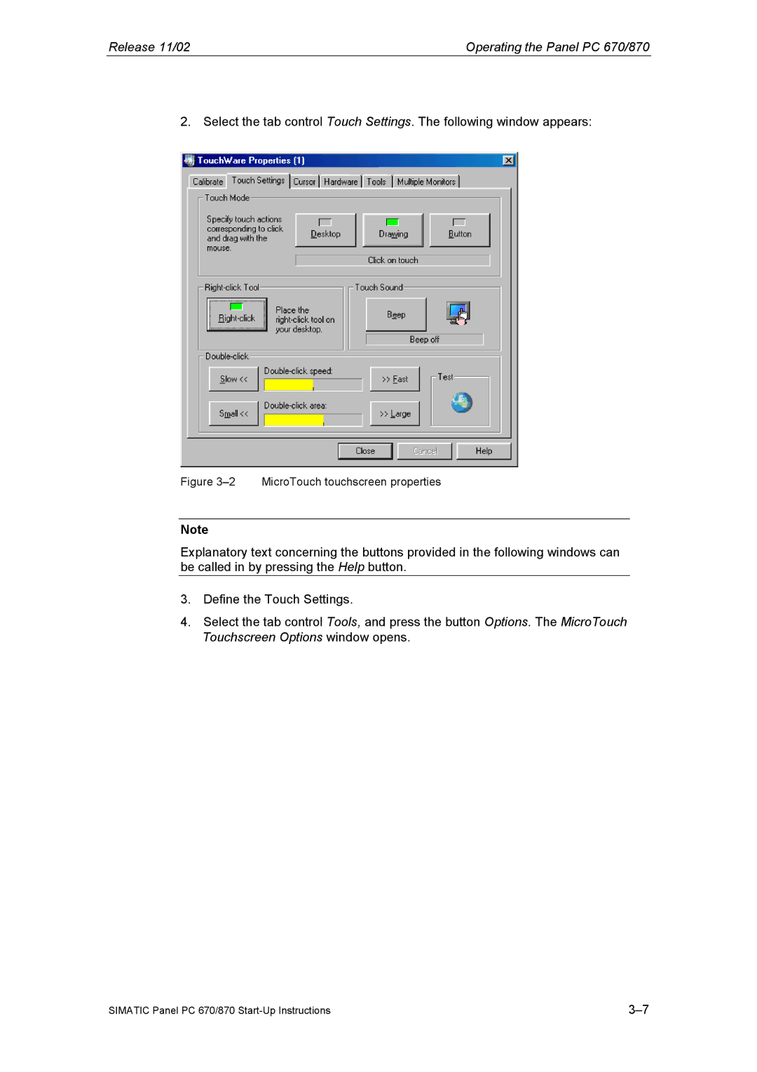 Siemens Panel PC 870 appendix MicroTouch touchscreen properties 