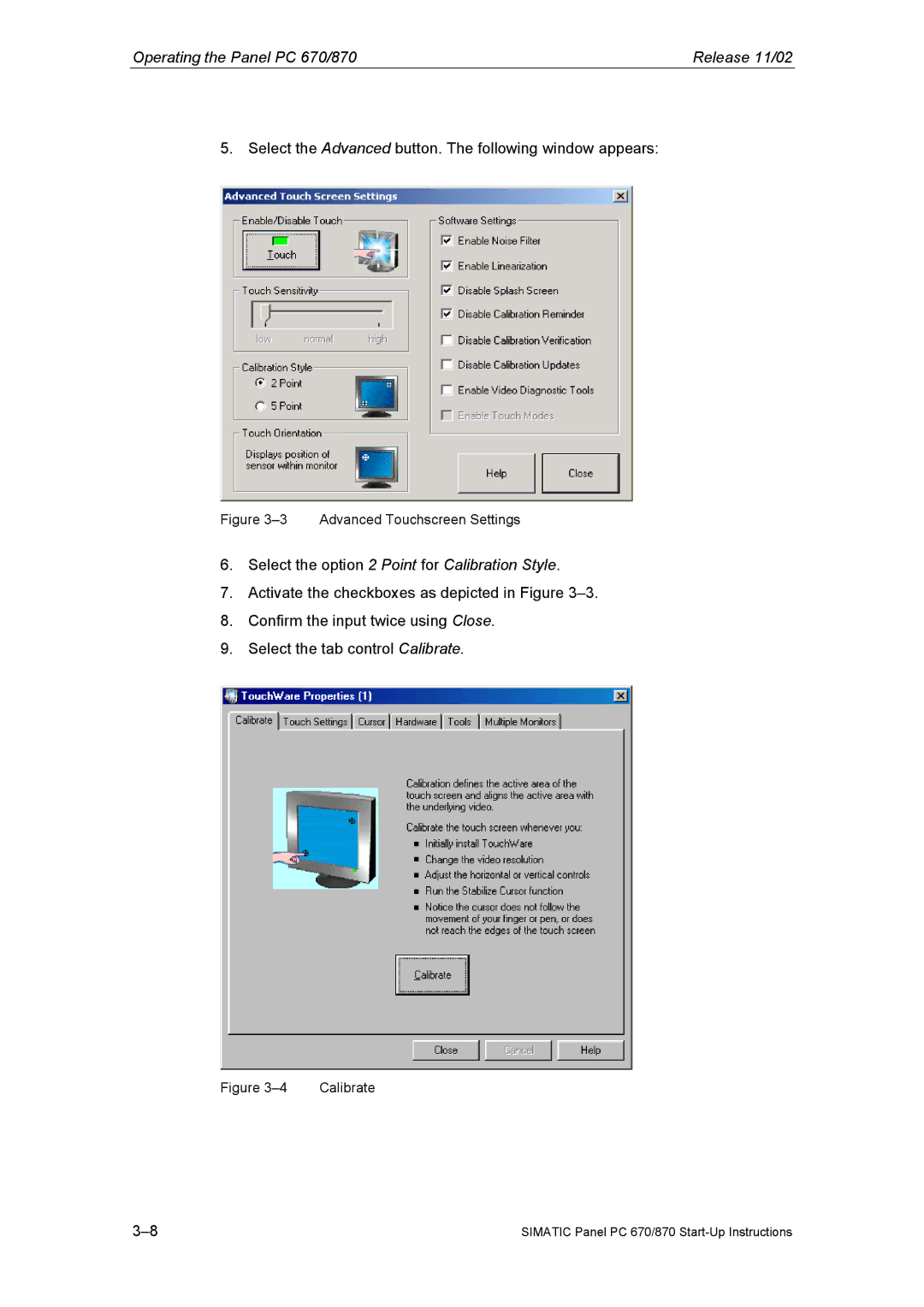 Siemens Panel PC 870 appendix Select the option 2 Point for Calibration Style 