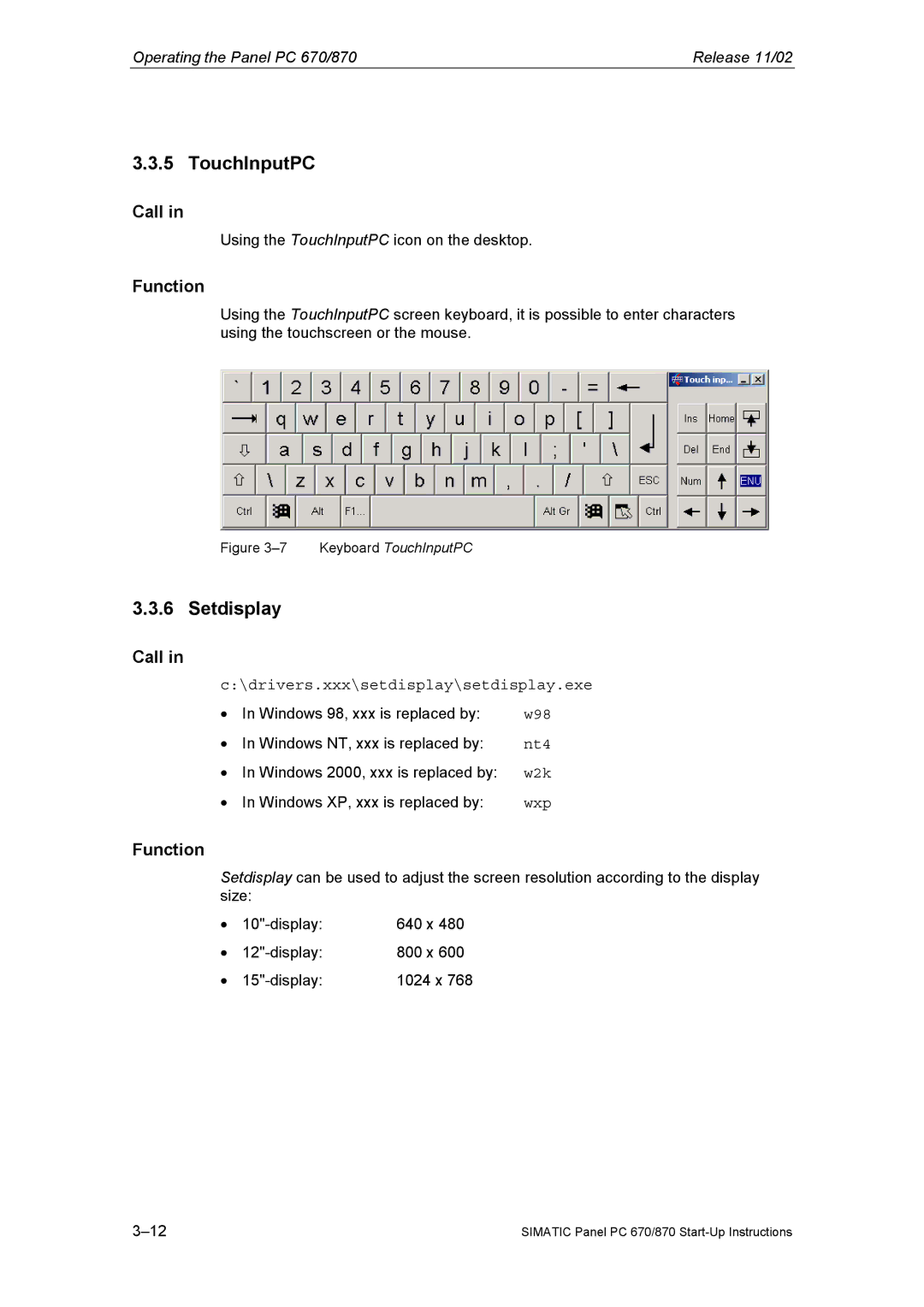 Siemens Panel PC 870 appendix TouchInputPC, Setdisplay 
