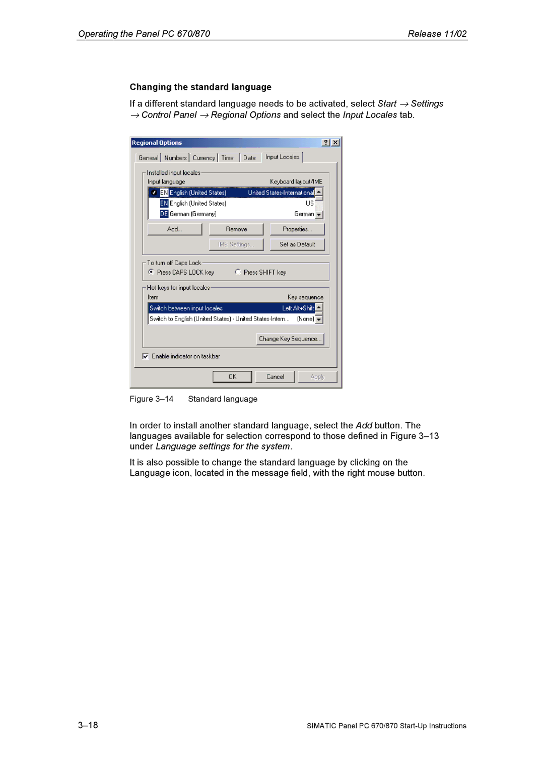 Siemens Panel PC 870 appendix Changing the standard language, Standard language 