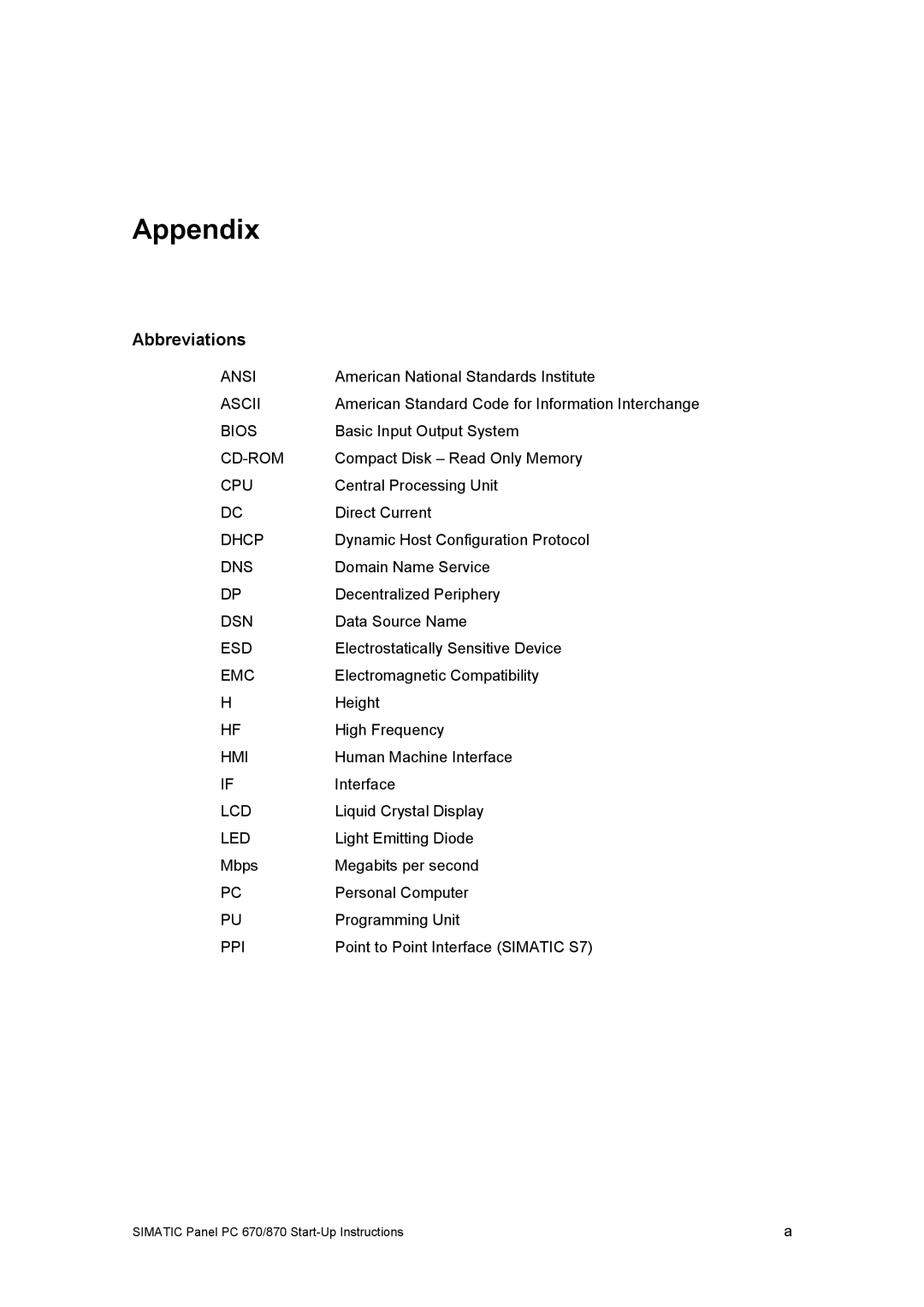 Siemens Panel PC 870 appendix Appendix, Abbreviations 