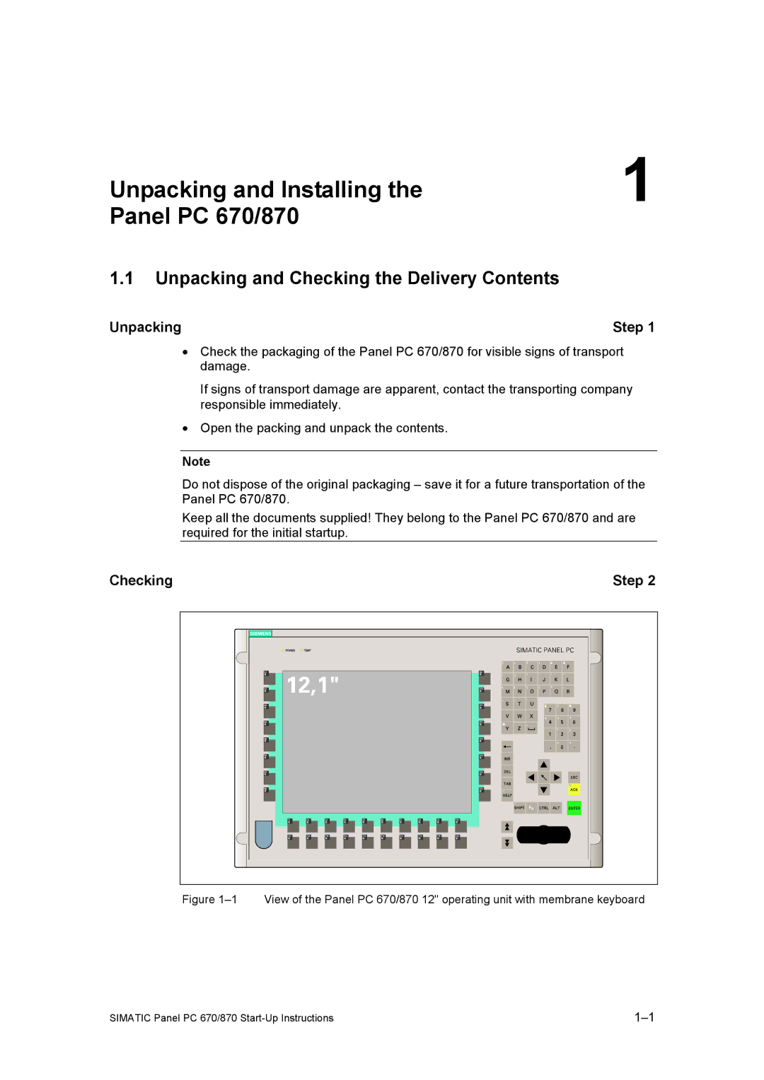 Siemens Panel PC 870 appendix Unpacking and Installing Panel PC 670/870, Unpacking and Checking the Delivery Contents 