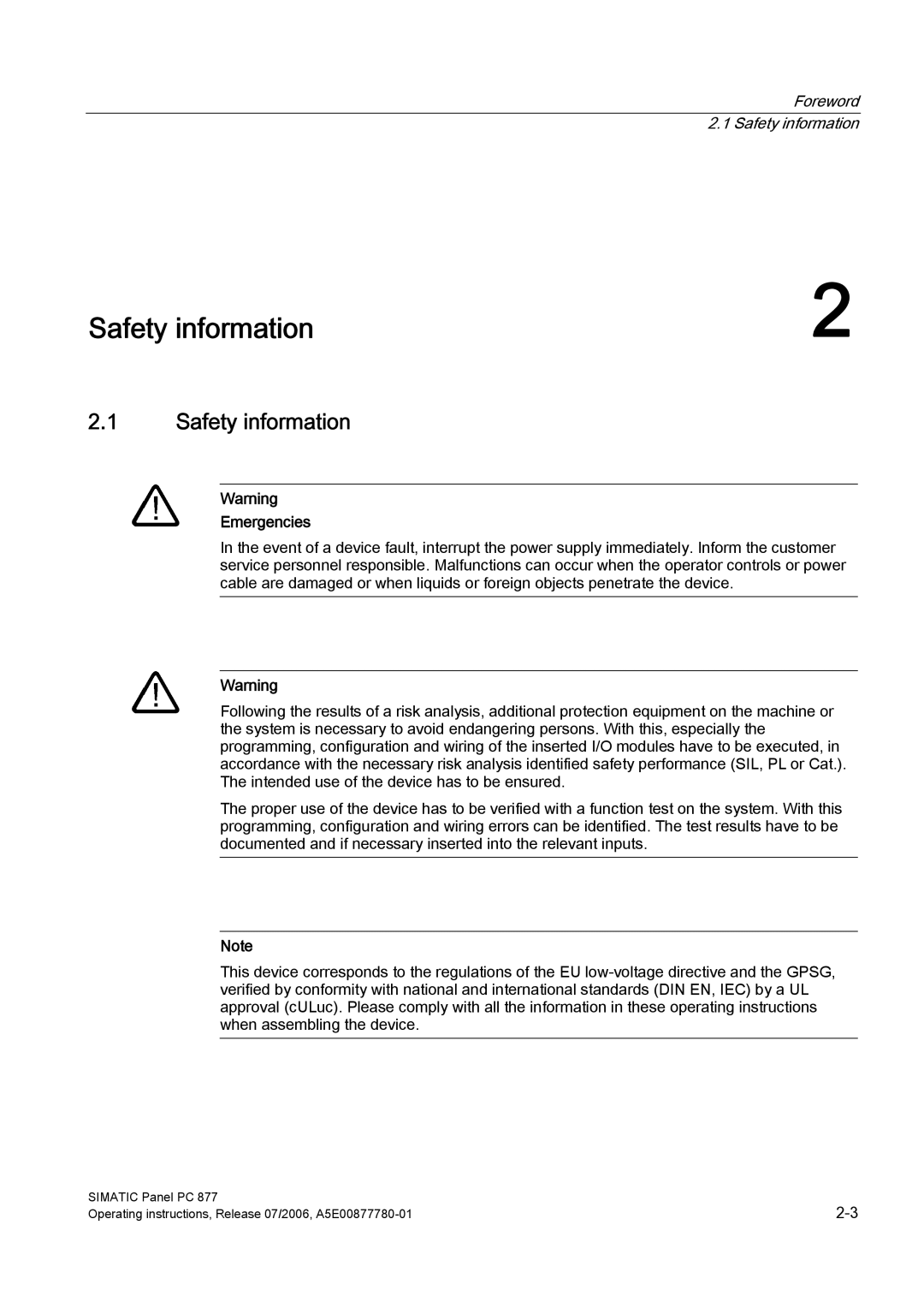 Siemens PANEL PC 877 operating instructions Safety information, Emergencies 