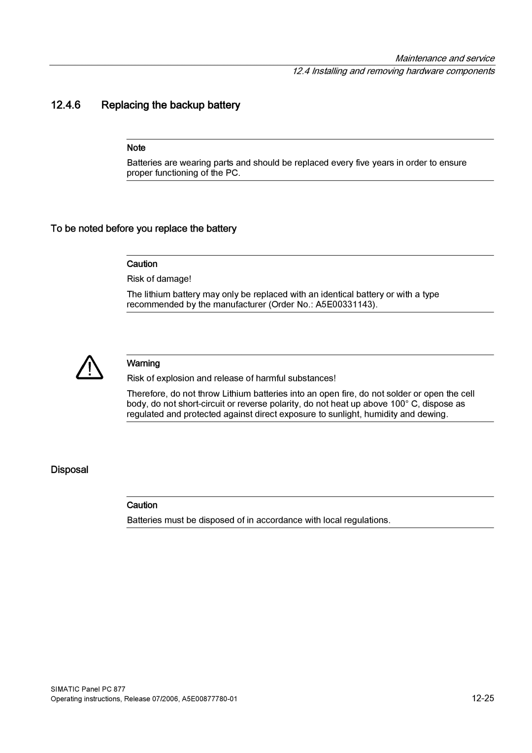 Siemens PANEL PC 877 Replacing the backup battery, To be noted before you replace the battery, Disposal 