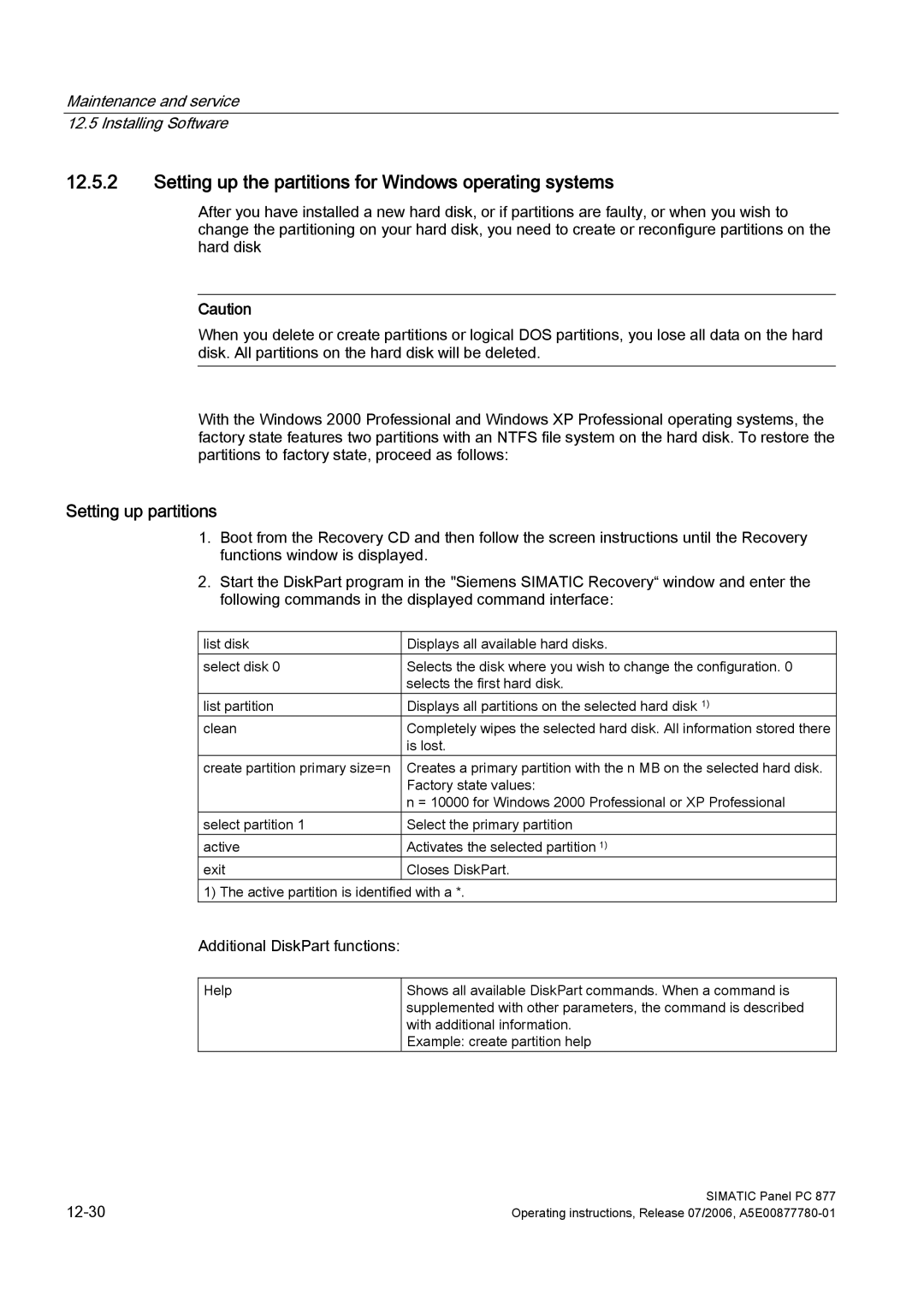 Siemens PANEL PC 877 operating instructions Setting up the partitions for Windows operating systems, Setting up partitions 