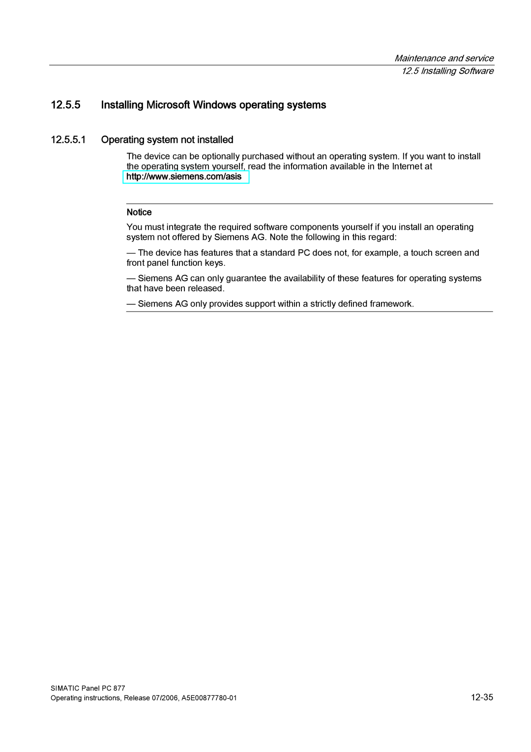 Siemens PANEL PC 877 operating instructions Installing Microsoft Windows operating systems, Operating system not installed 