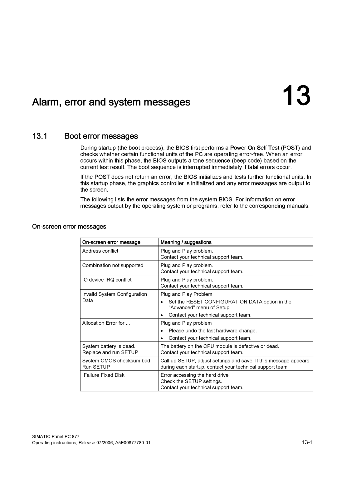 Siemens PANEL PC 877 operating instructions Alarm, error and system messages, Boot error messages, On-screen error messages 