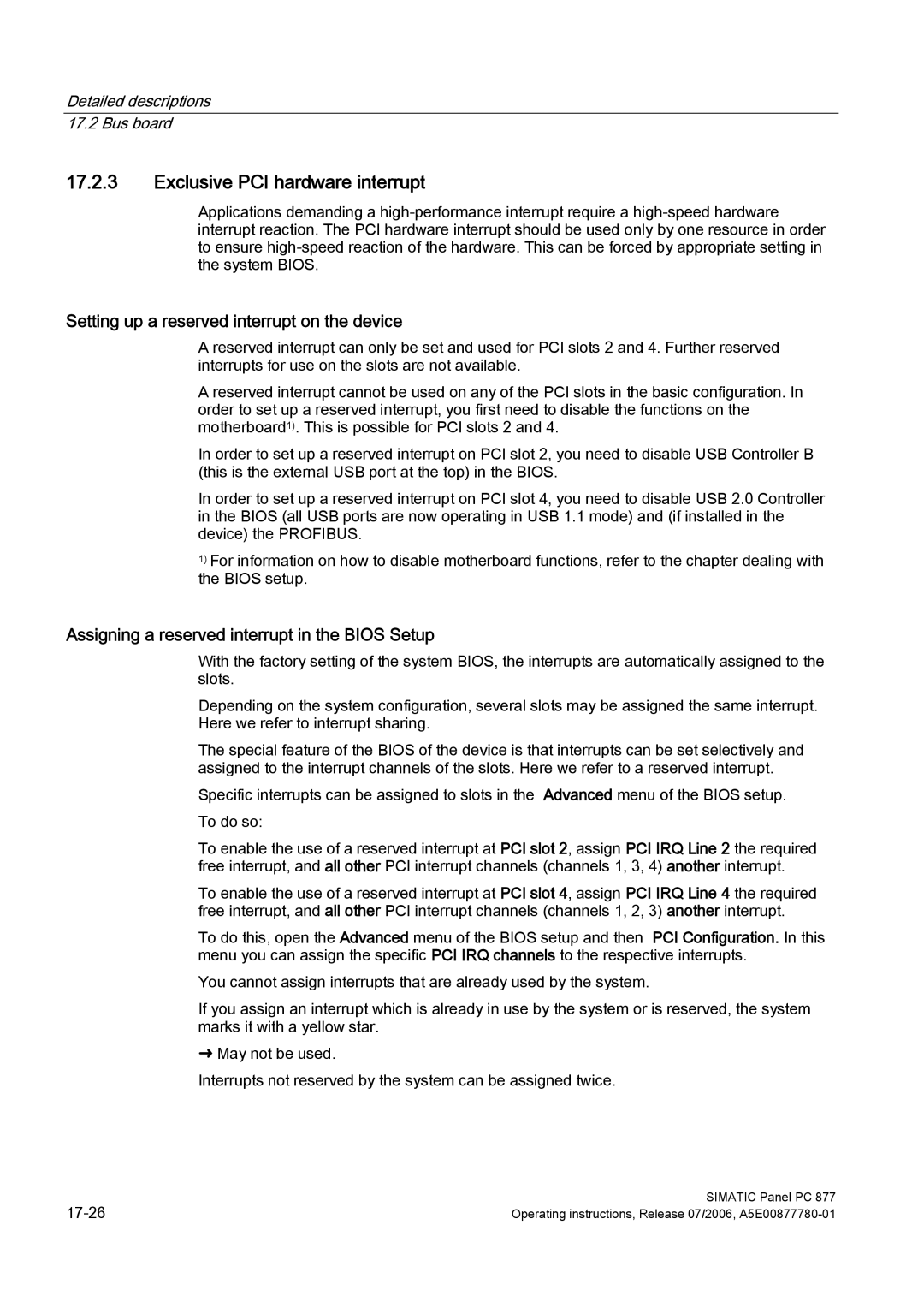 Siemens PANEL PC 877 operating instructions Exclusive PCI hardware interrupt, Setting up a reserved interrupt on the device 