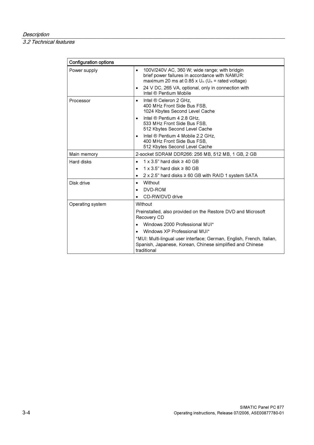 Siemens PANEL PC 877 operating instructions Configuration options, Dvd-Rom 