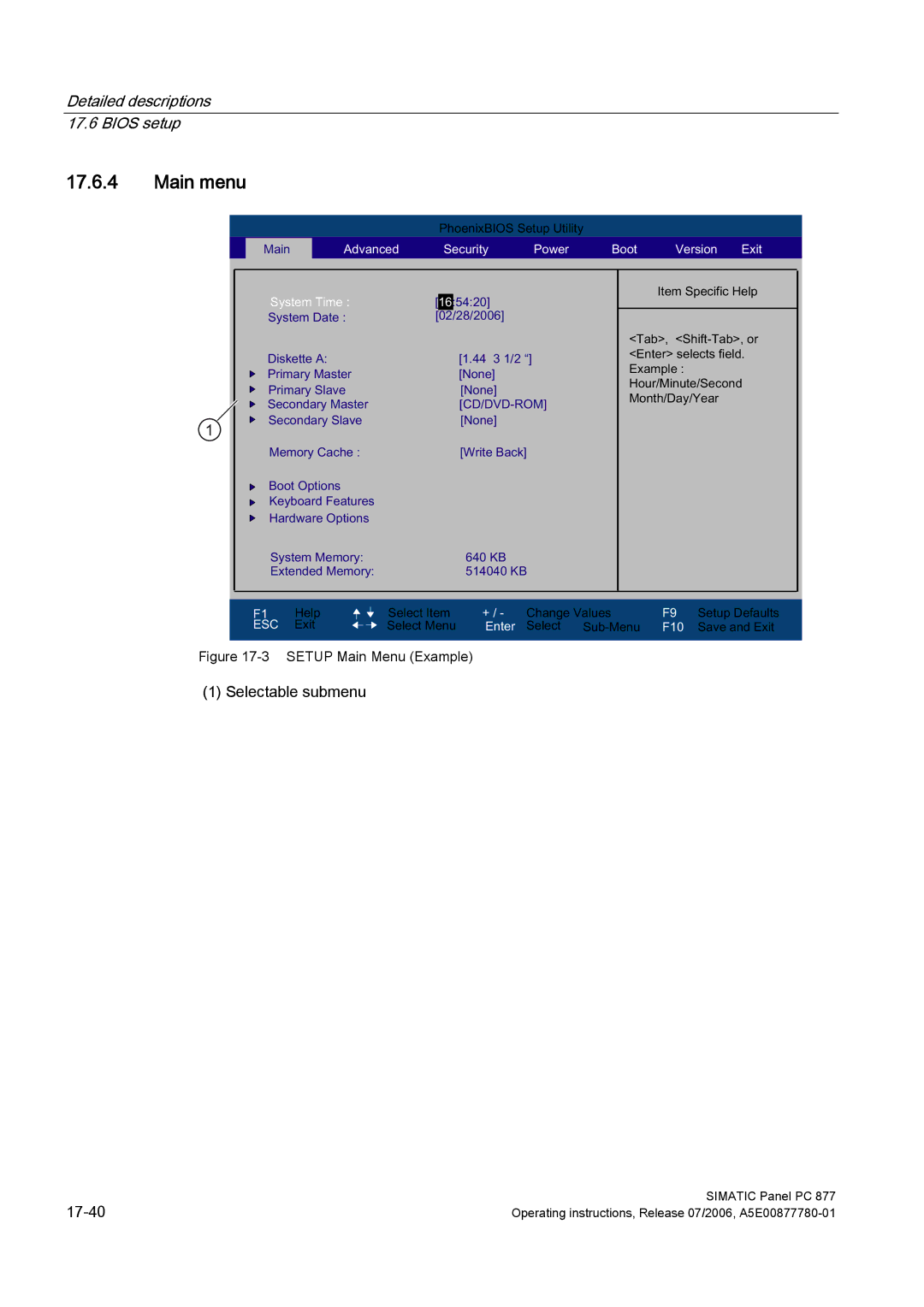 Siemens PANEL PC 877 operating instructions Main menu, $GYDQFHG 6HFXULW\ 3RZHU RRW 9HUVLRQ 