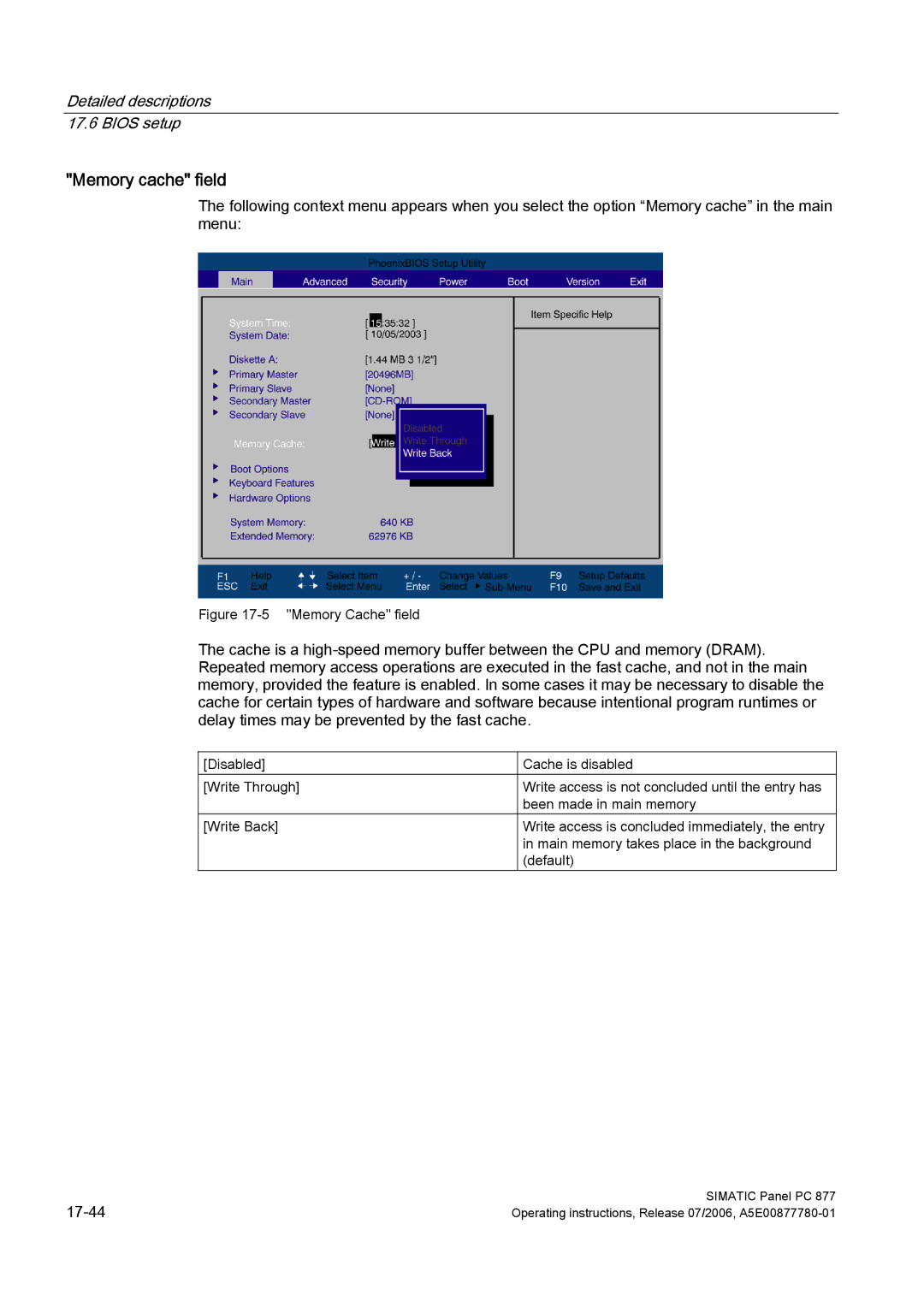 Siemens PANEL PC 877 operating instructions Memory cache field, Memory Cache field 