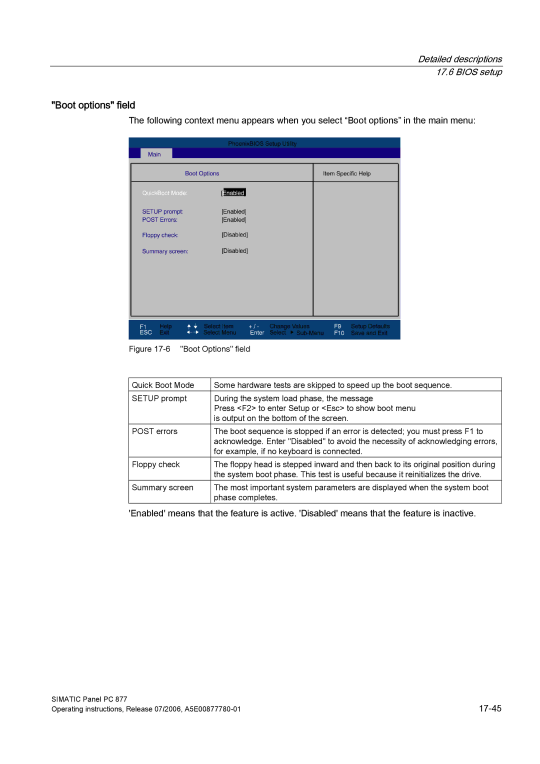 Siemens PANEL PC 877 operating instructions Boot options field 