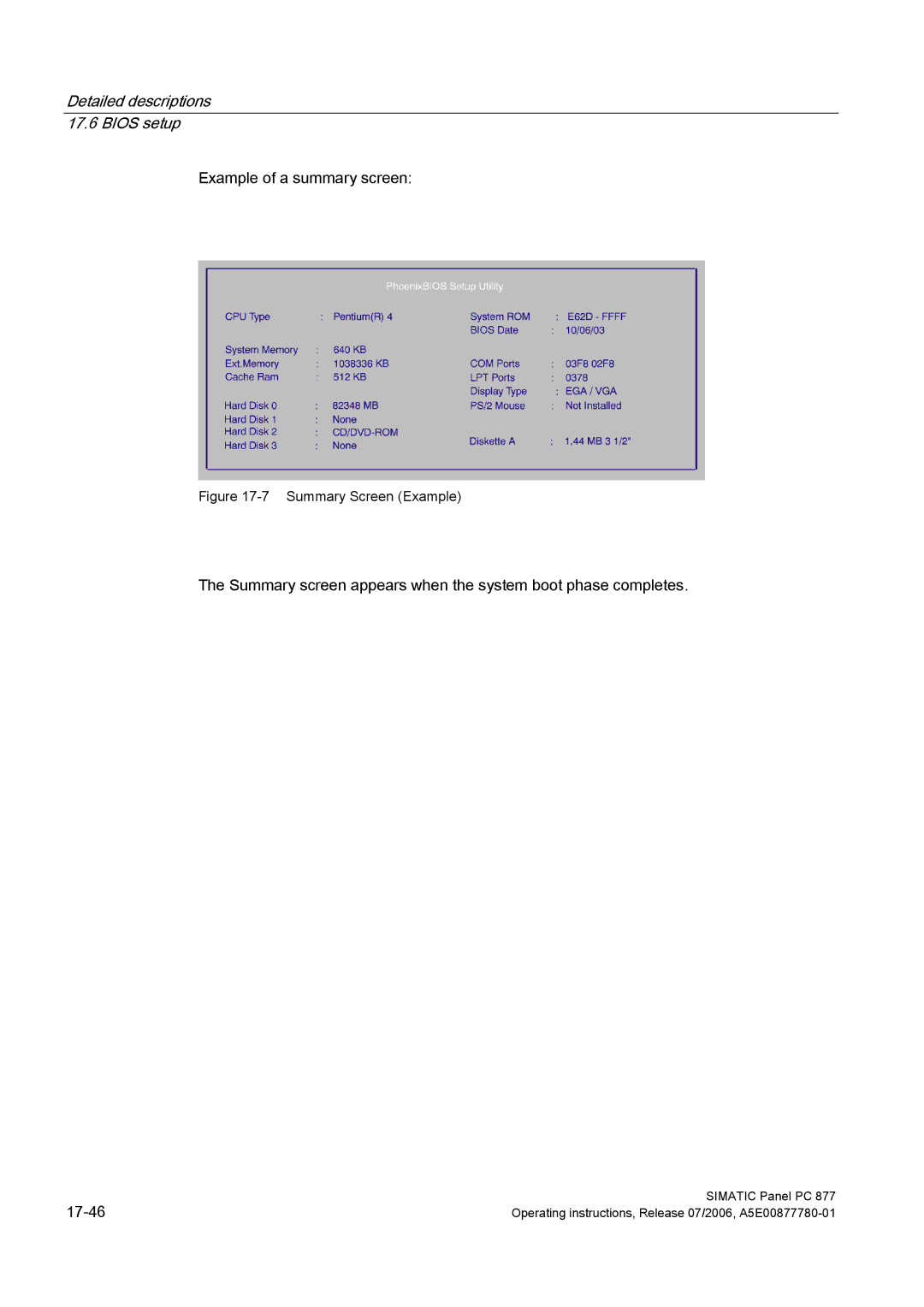 Siemens PANEL PC 877 operating instructions Example of a summary screen 