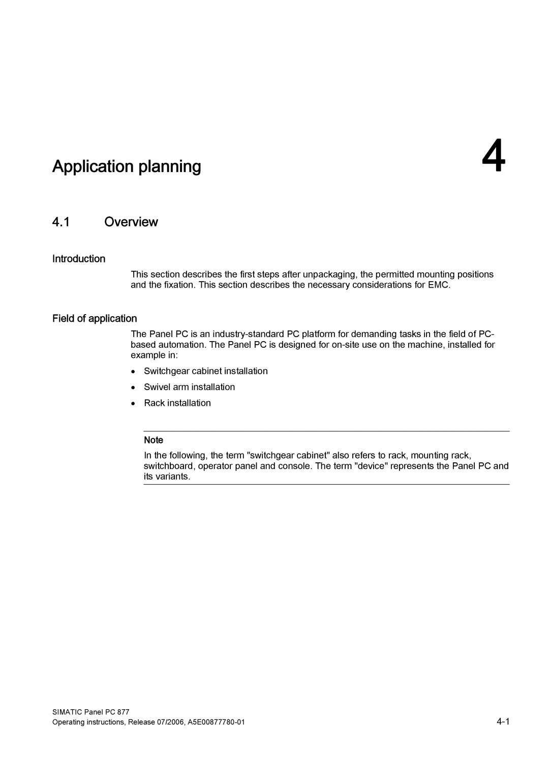 Siemens PANEL PC 877 operating instructions Application planning, Introduction, Field of application 