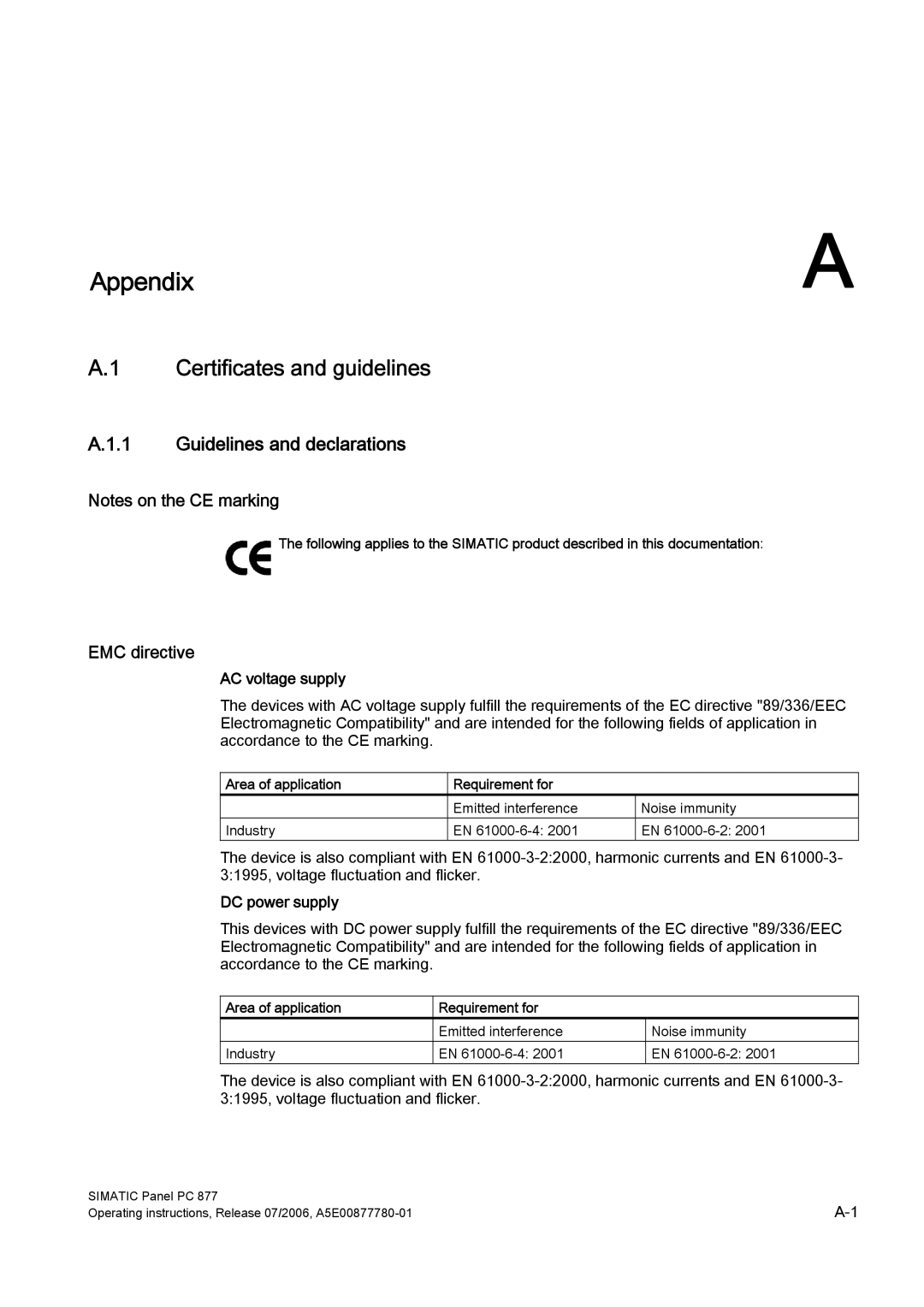 Siemens PANEL PC 877 Certificates and guidelines, Guidelines and declarations, EMC directive, AC voltage supply 