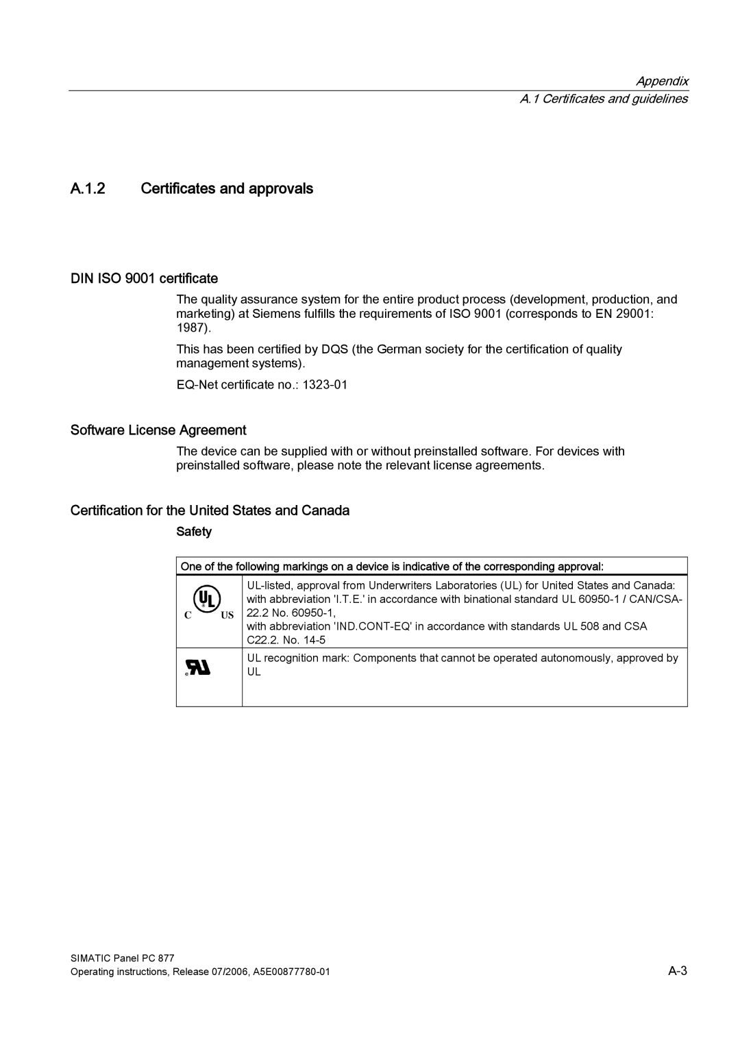 Siemens PANEL PC 877 Certificates and approvals, DIN ISO 9001 certificate, Software License Agreement, Safety 