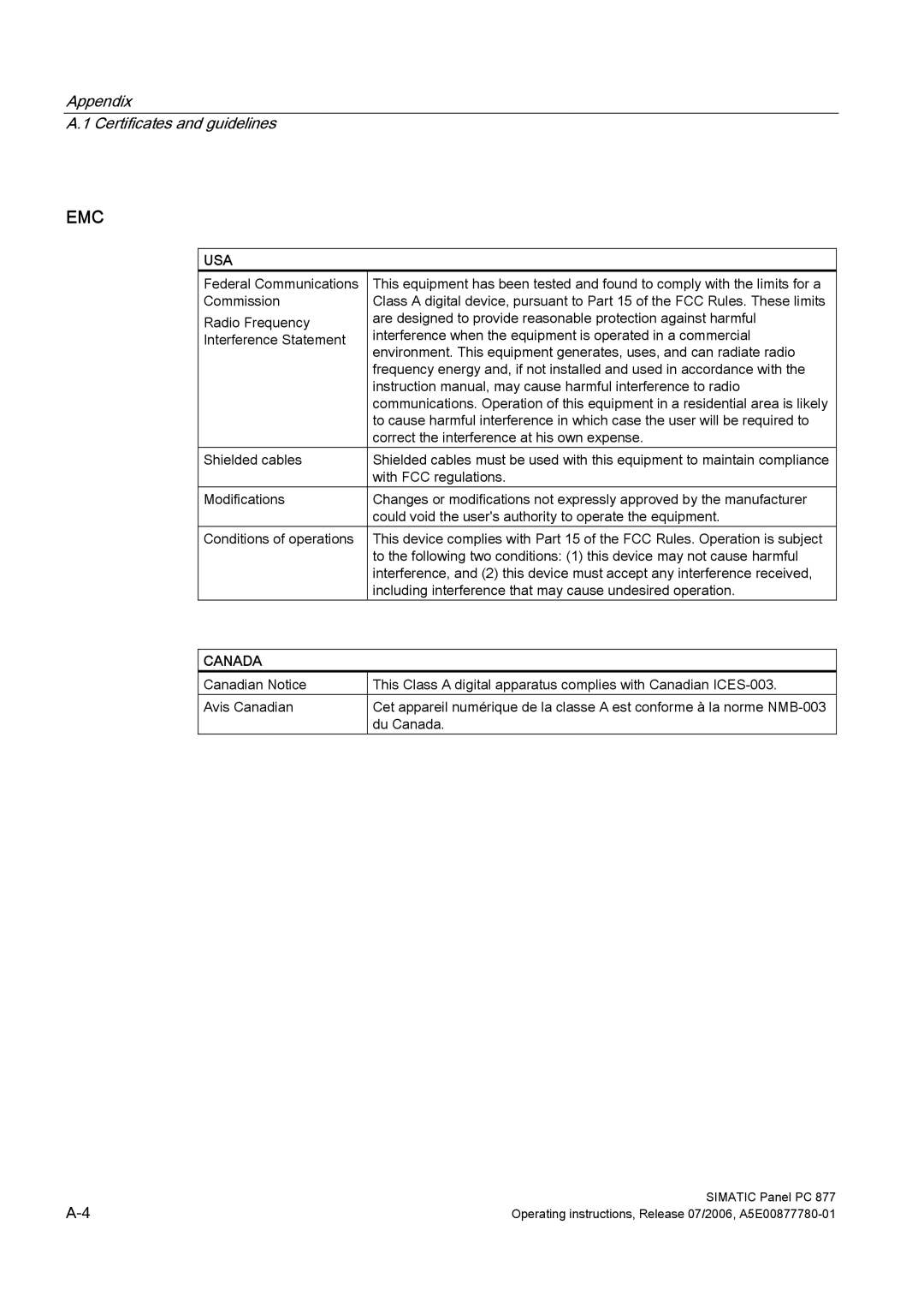 Siemens PANEL PC 877 operating instructions Emc 