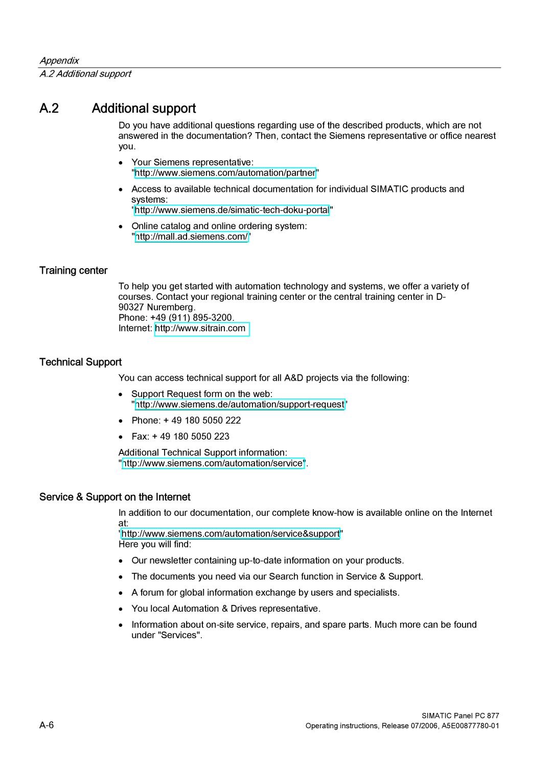 Siemens PANEL PC 877 Additional support, Training center, Technical Support, Service & Support on the Internet 