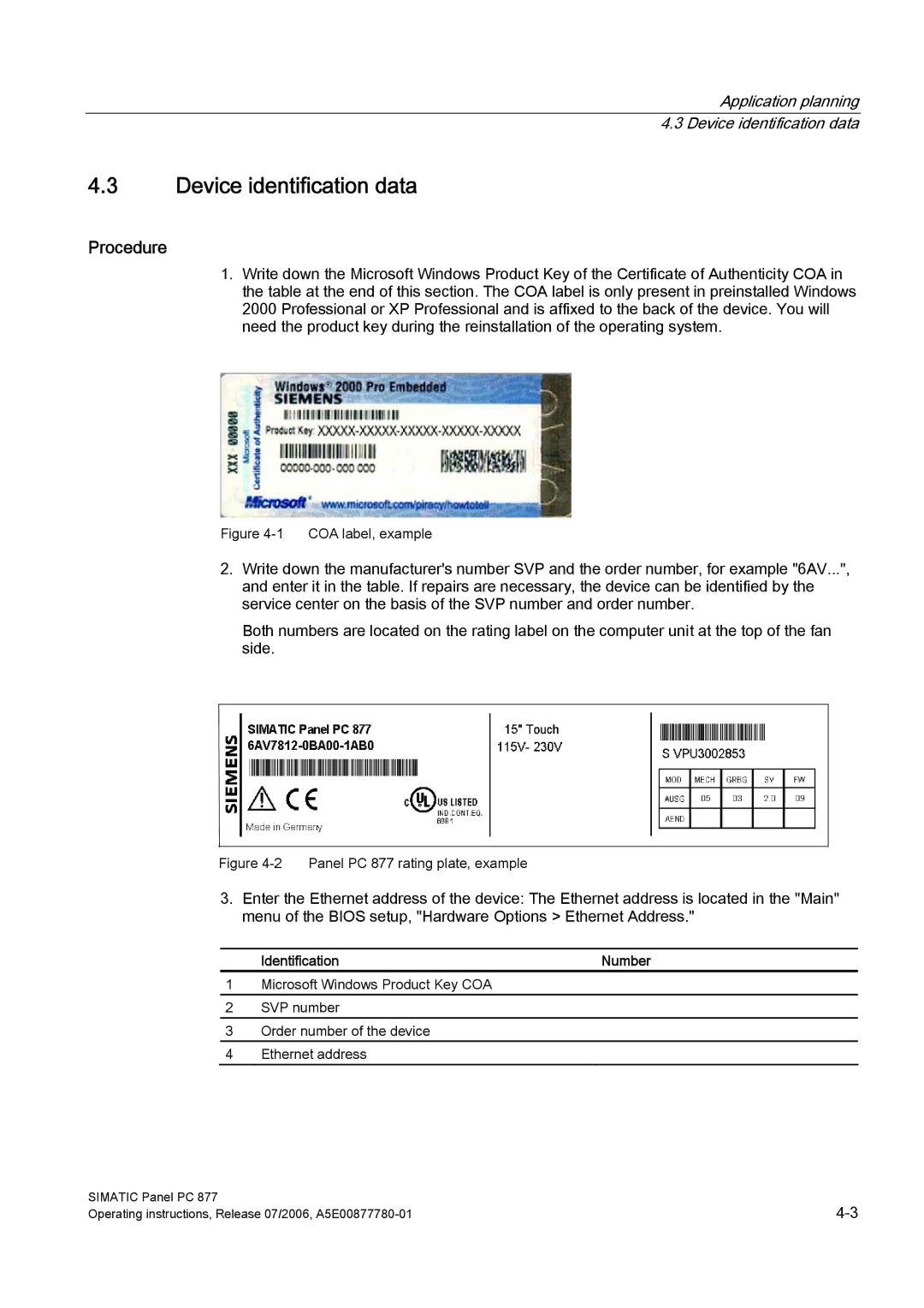 Siemens PANEL PC 877 operating instructions Device identification data, Identification Number 