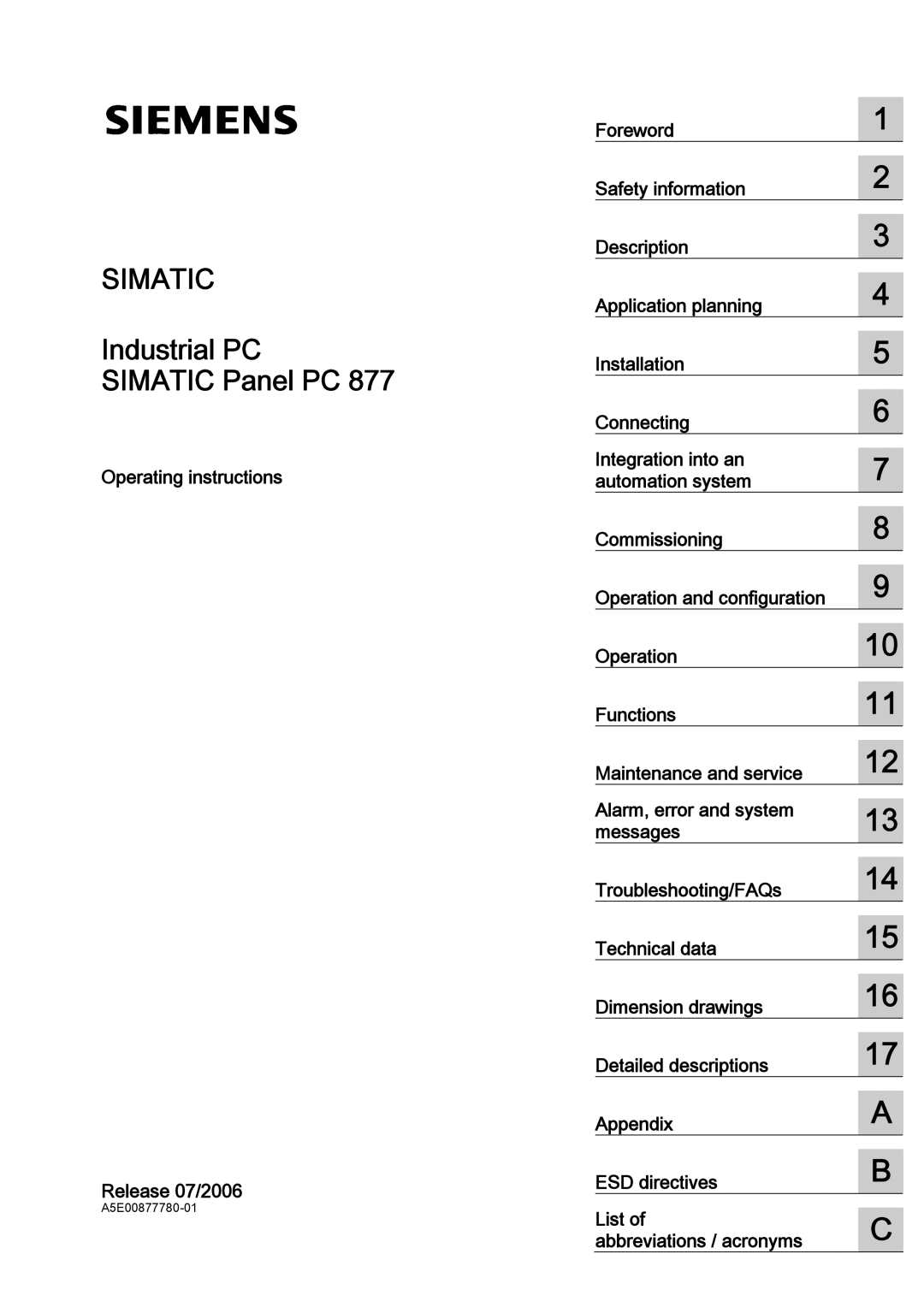 Siemens PANEL PC 877 operating instructions Industrial PC Simatic Panel PC, Operating instructions Release 07/2006 