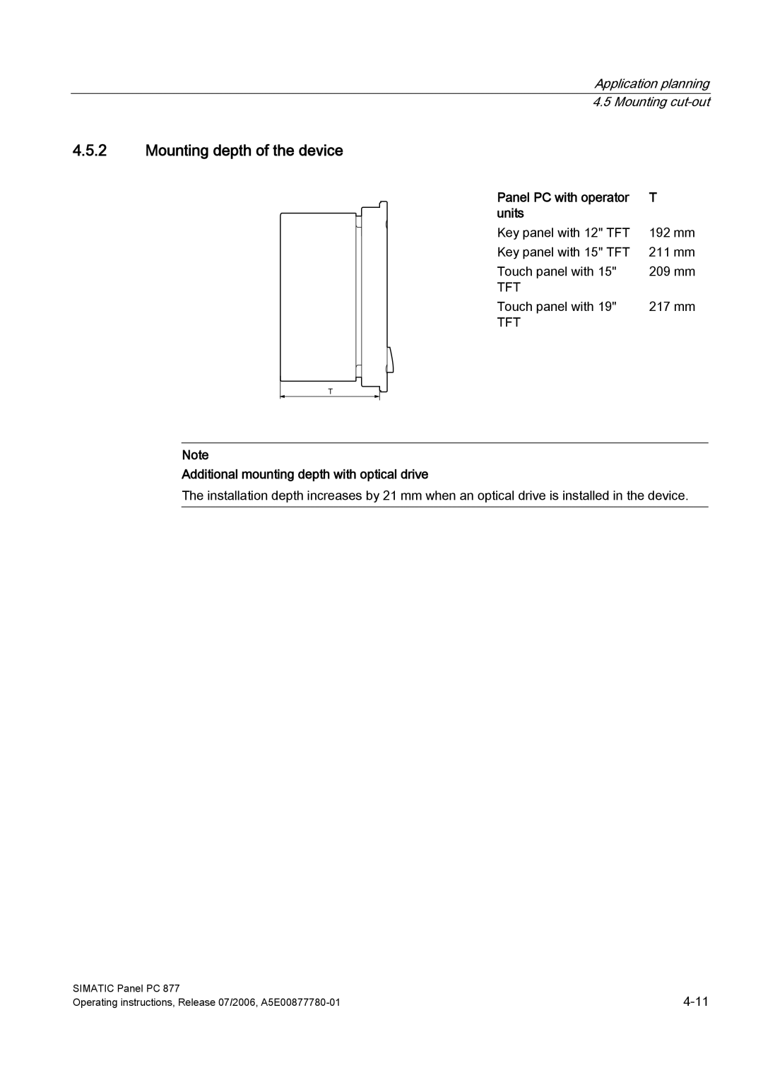 Siemens PANEL PC 877 operating instructions Mounting depth of the device, Panel PC with operator Units 