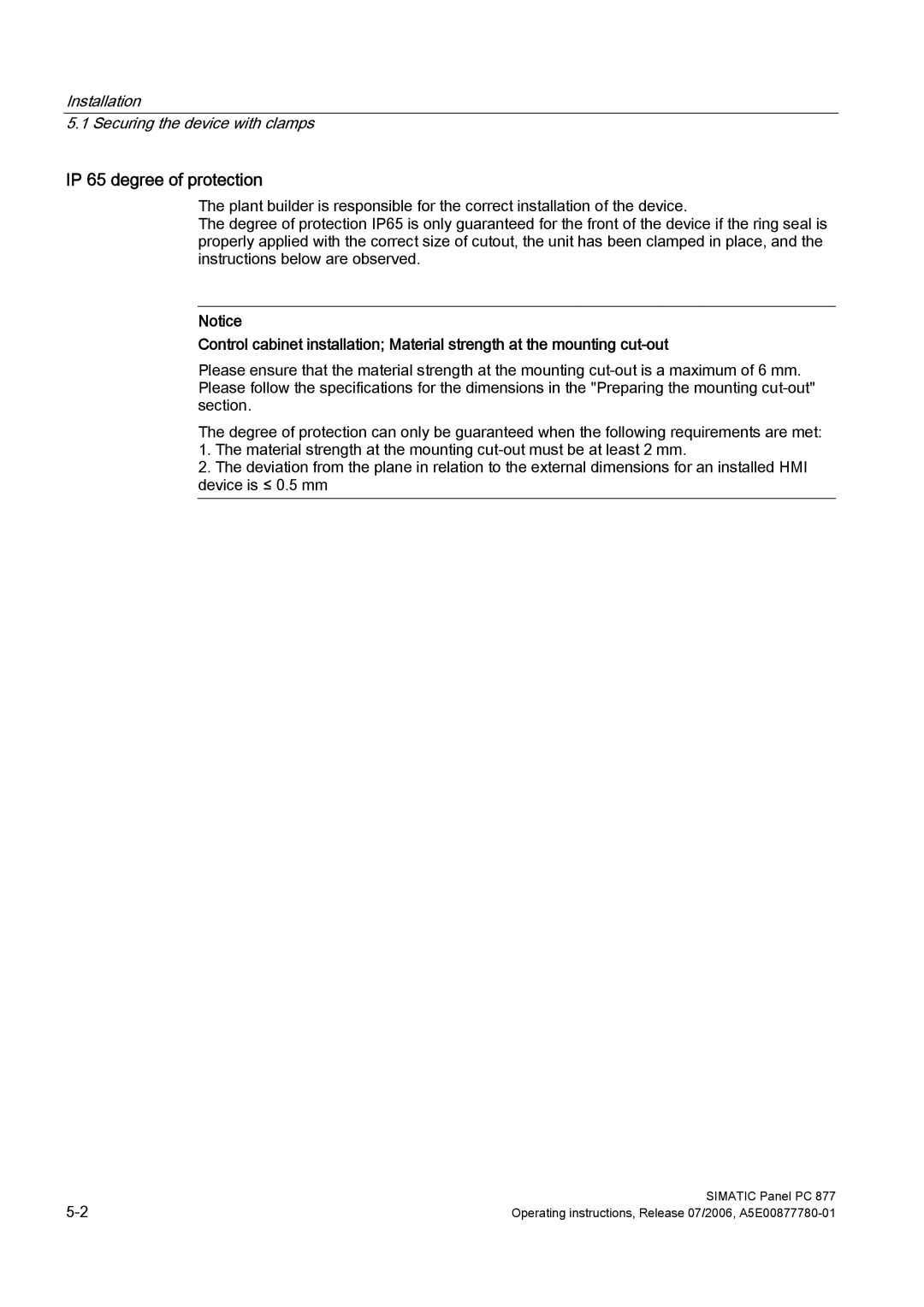 Siemens PANEL PC 877 operating instructions IP 65 degree of protection 