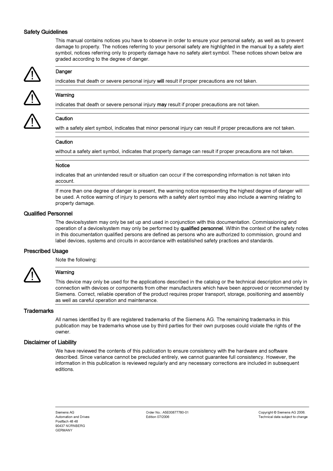 Siemens PANEL PC 877 Safety Guidelines, Qualified Personnel, Prescribed Usage, Trademarks, Disclaimer of Liability 