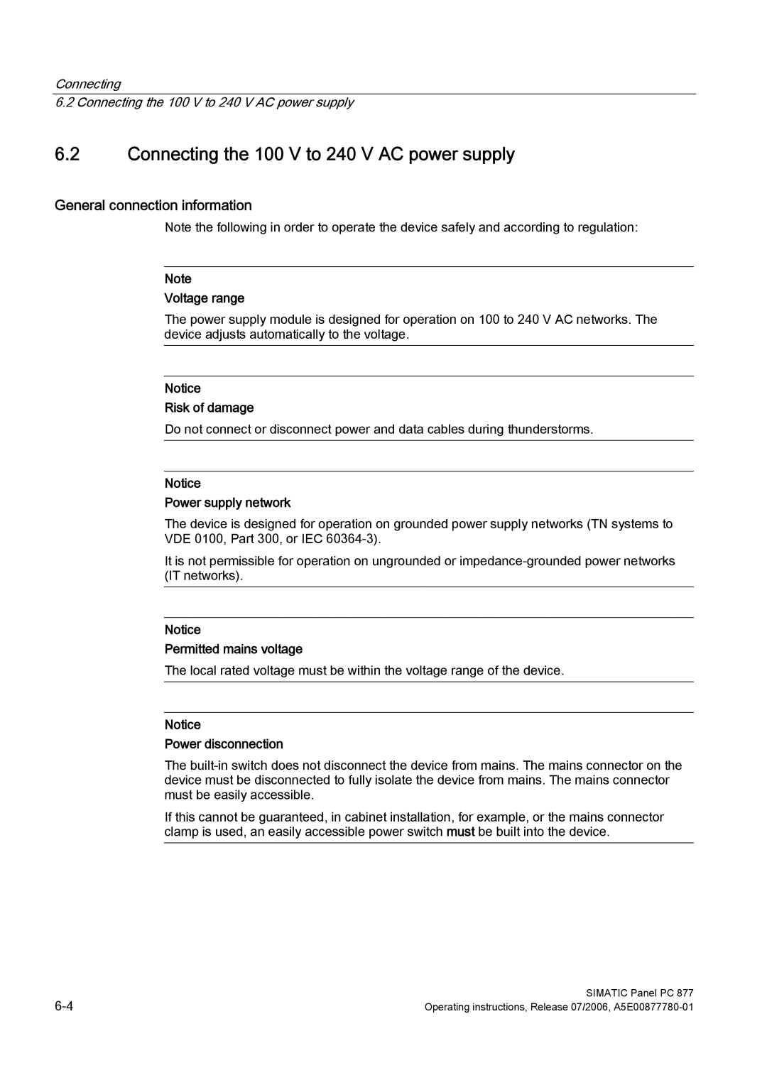 Siemens PANEL PC 877 operating instructions Connecting the 100 V to 240 V AC power supply, General connection information 