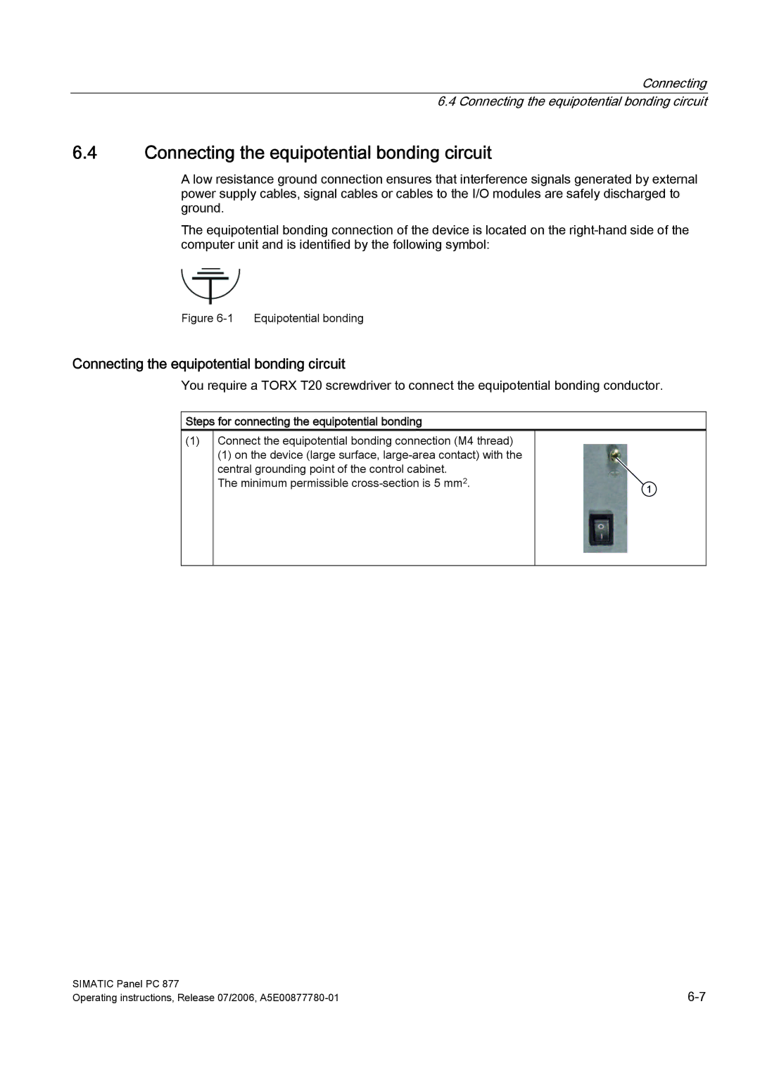 Siemens PANEL PC 877 Connecting the equipotential bonding circuit, Steps for connecting the equipotential bonding 