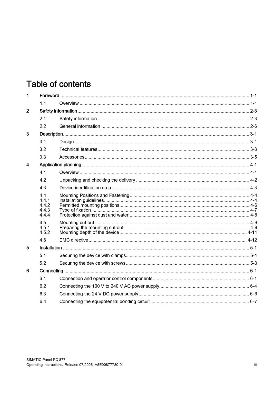 Siemens PANEL PC 877 operating instructions Table of contents 