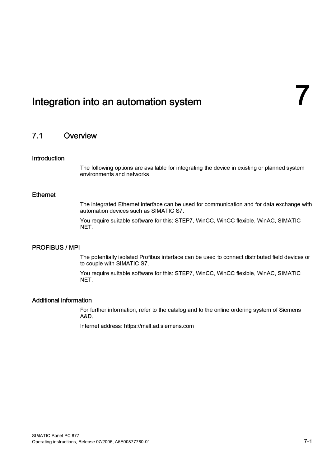 Siemens PANEL PC 877 operating instructions Integration into an automation system, Ethernet, Additional information 