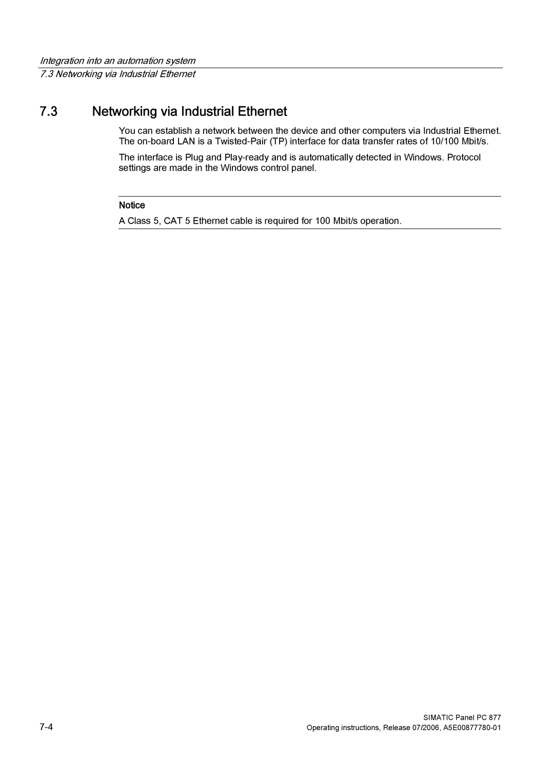 Siemens PANEL PC 877 operating instructions Networking via Industrial Ethernet 