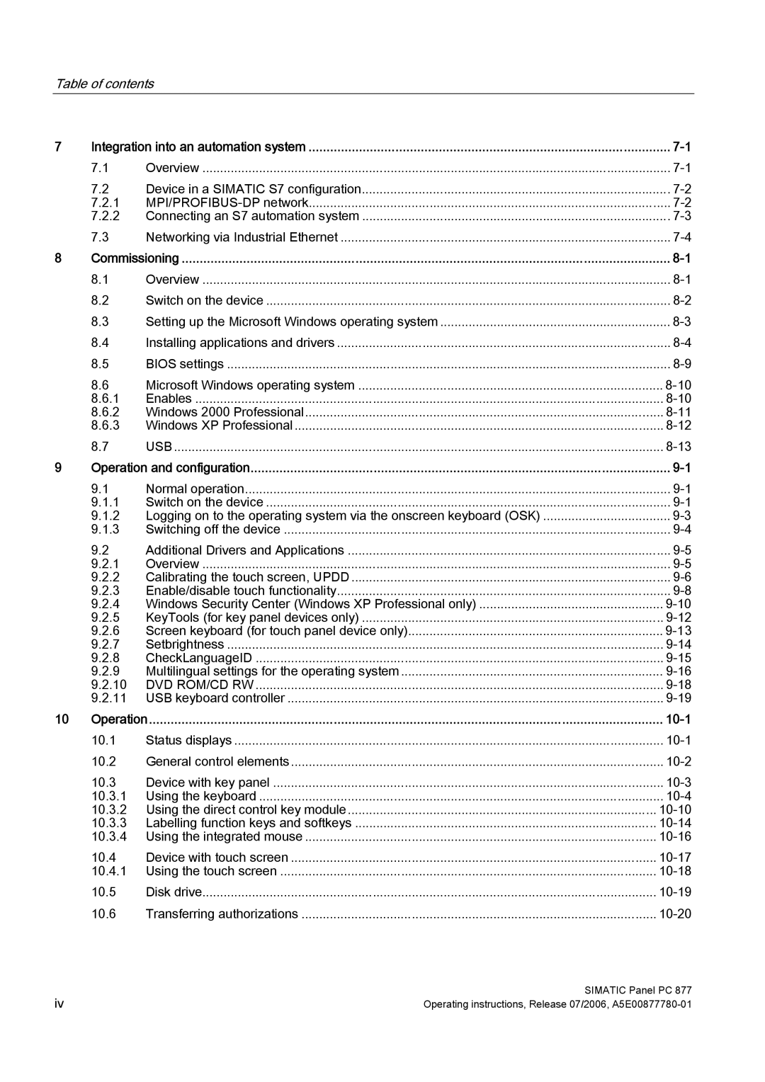 Siemens PANEL PC 877 operating instructions Table of contents, 10-1 