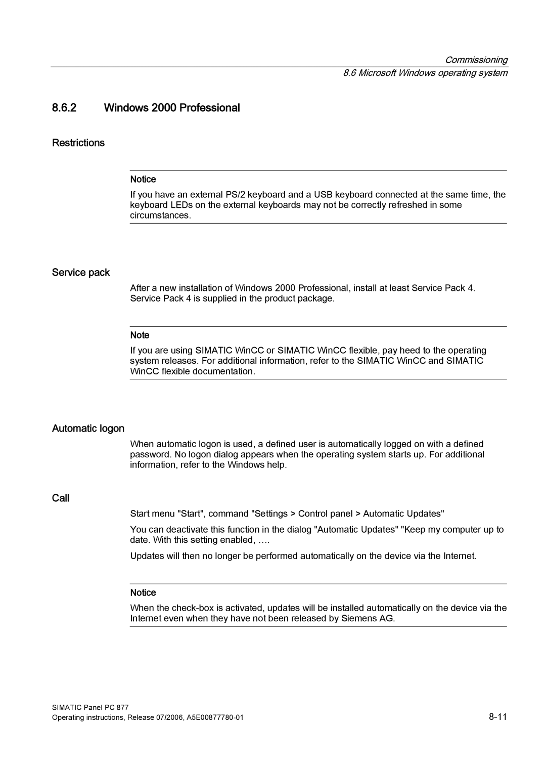 Siemens PANEL PC 877 operating instructions Windows 2000 Professional, Restrictions, Service pack, Automatic logon, Call 