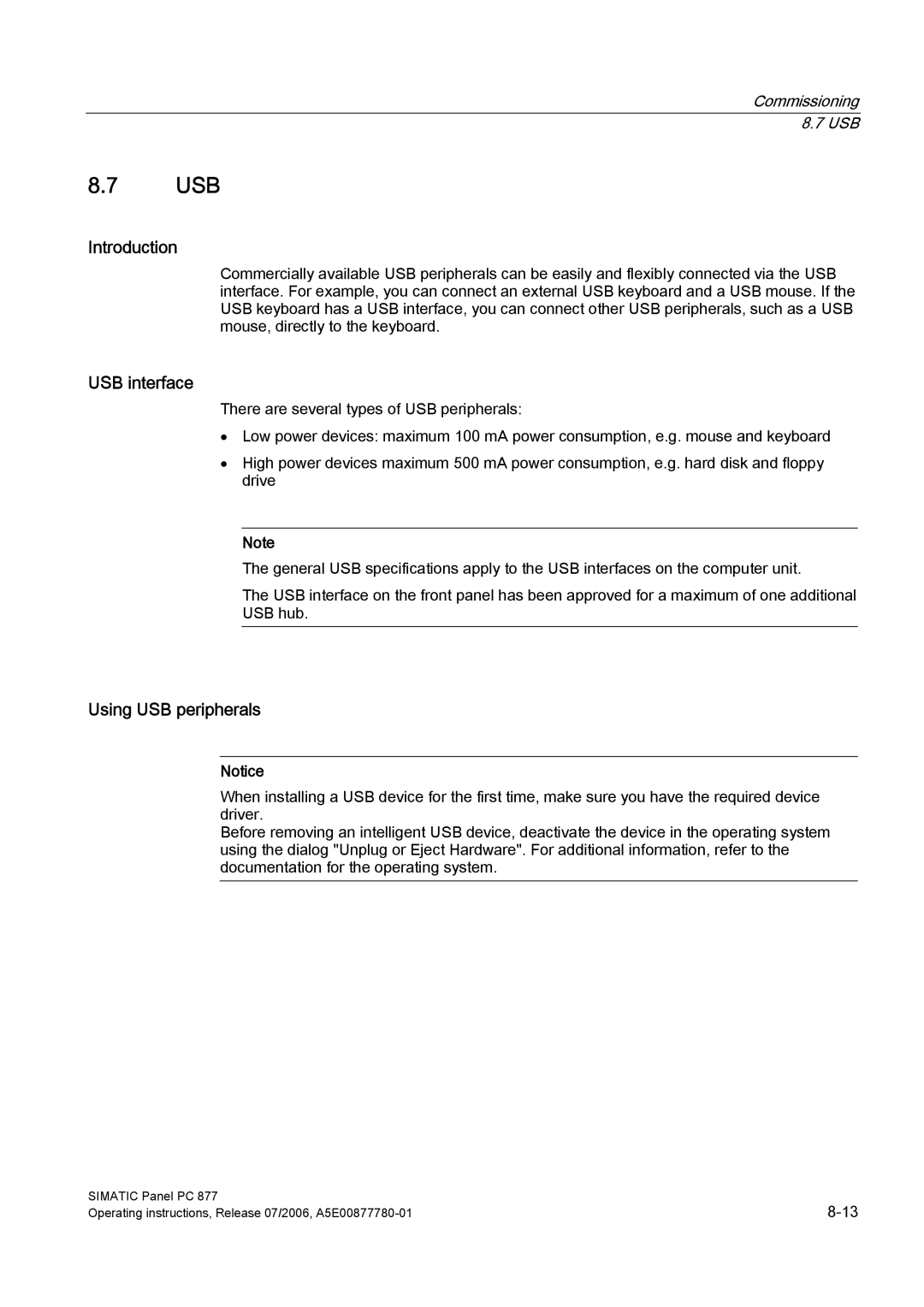 Siemens PANEL PC 877 operating instructions Usb, USB interface, Using USB peripherals 