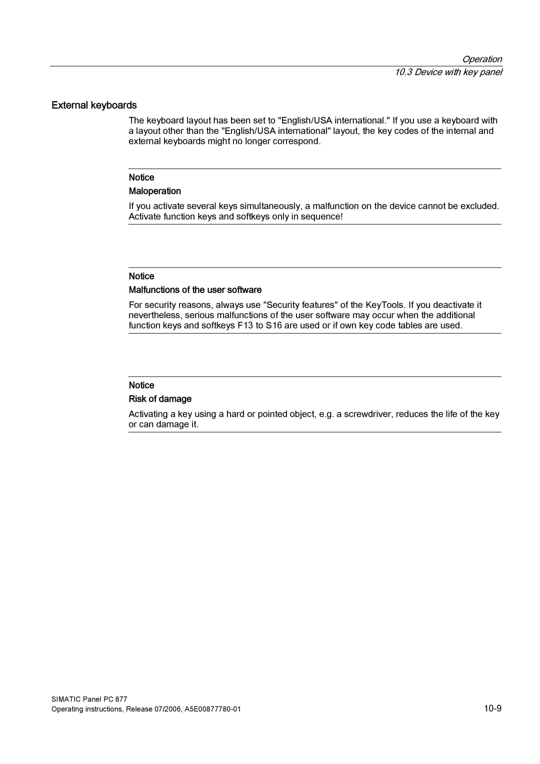 Siemens PANEL PC 877 operating instructions External keyboards, Maloperation 