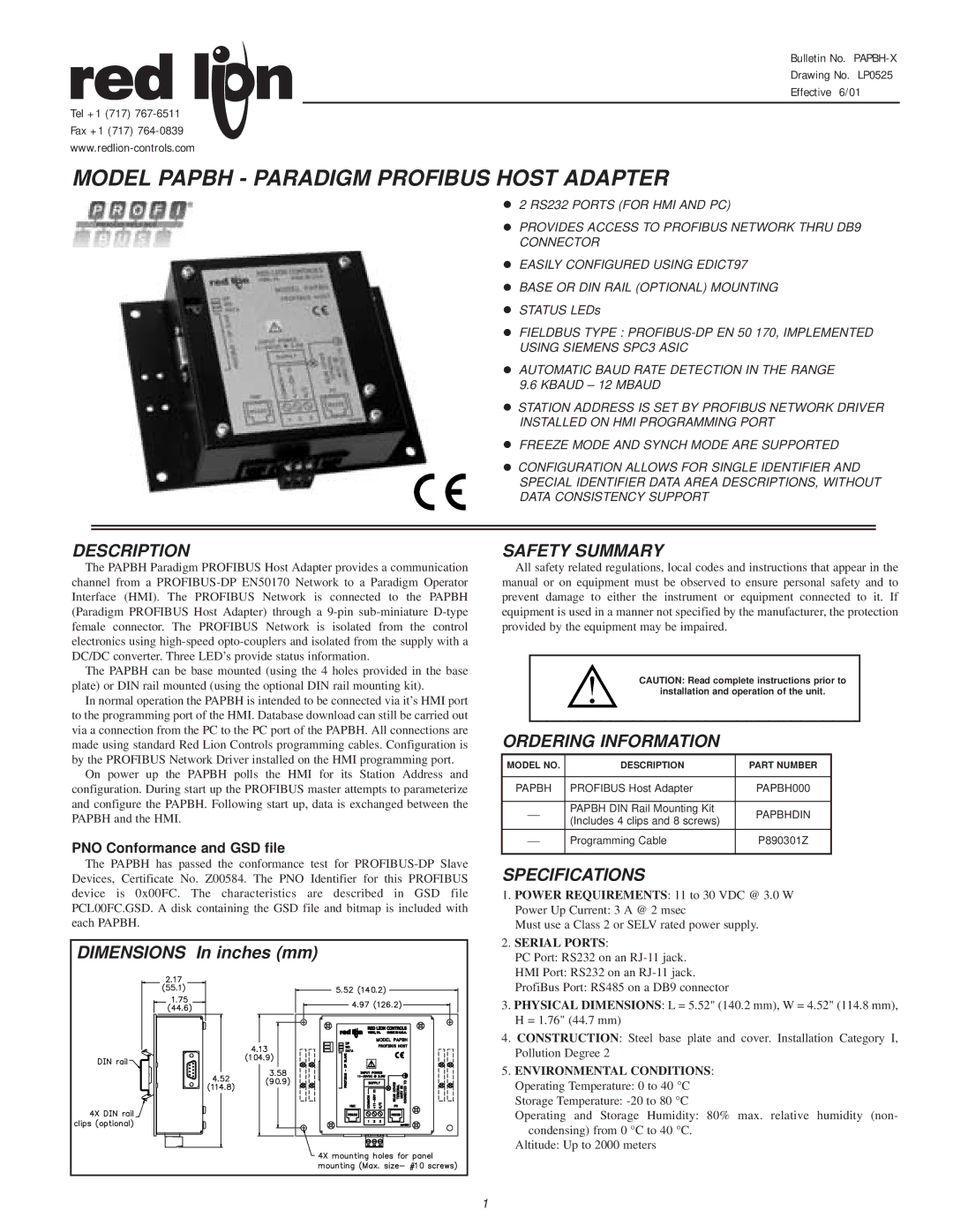 Siemens PAPBH dimensions Description, Safety Summary, Ordering Information, Specifications, PNO Conformance and GSD file 