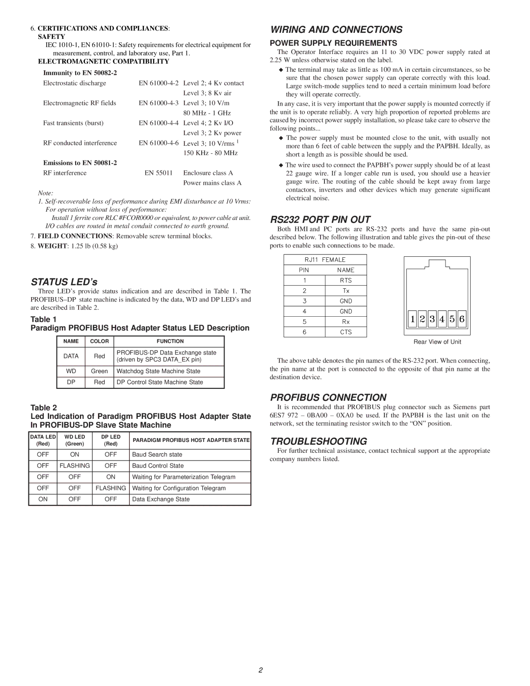 Siemens PAPBH Wiring and Connections, RS232 Port PIN OUT, Profibus Connection, Troubleshooting, Power Supply Requirements 