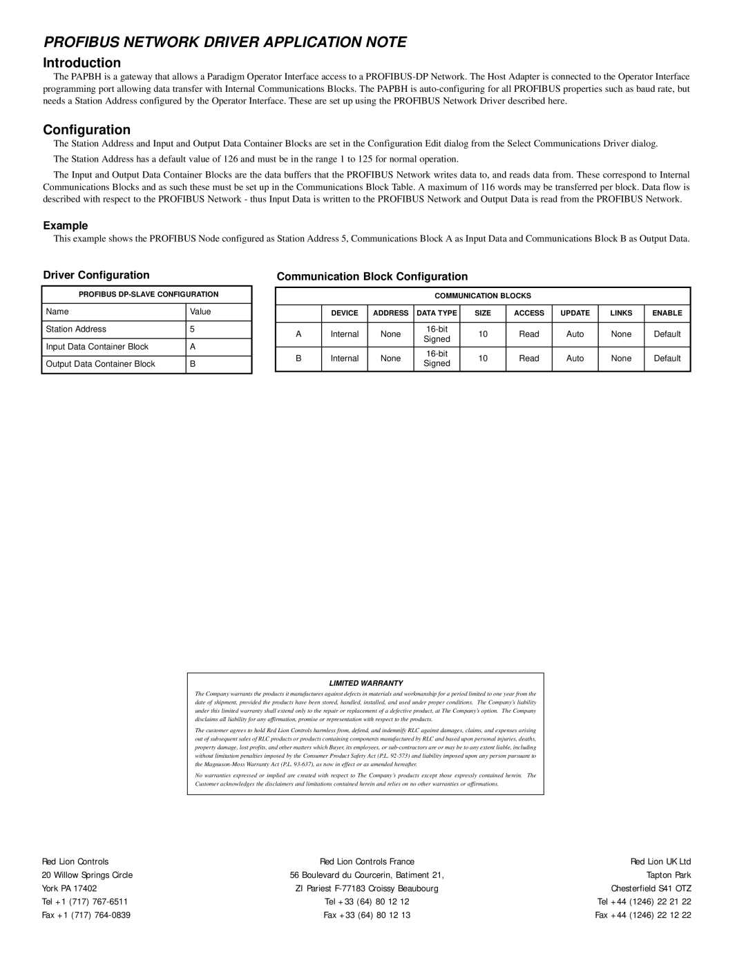 Siemens PAPBH dimensions Example, Driver Configuration, Communication Block Configuration 