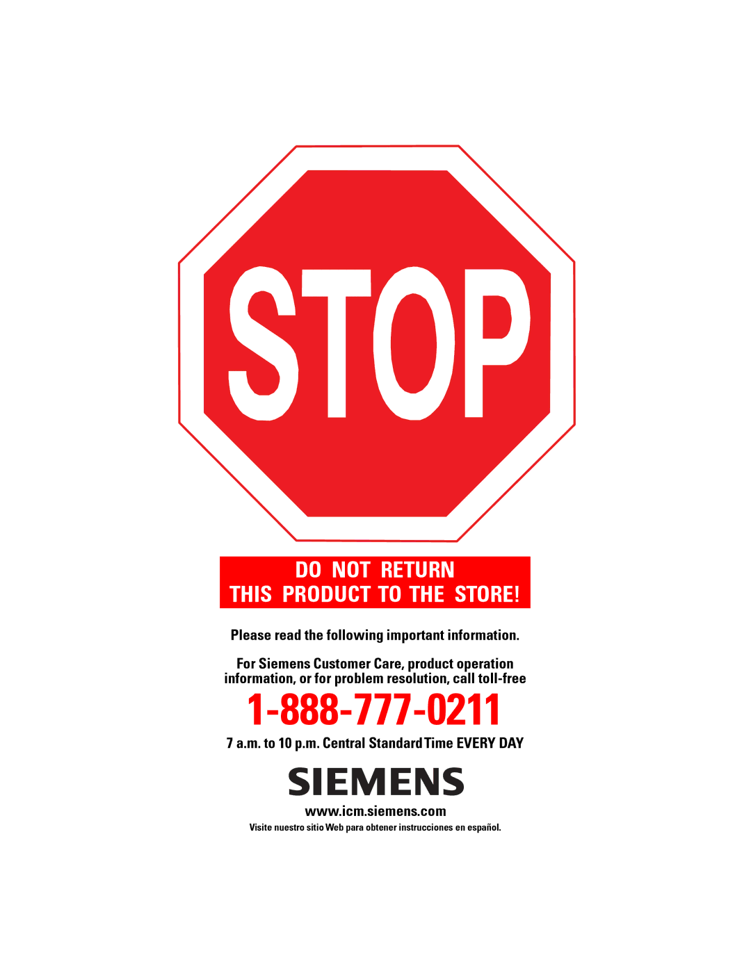 Siemens PB410QSG manual Do not Return This Product to the Store, Please read the following important information 