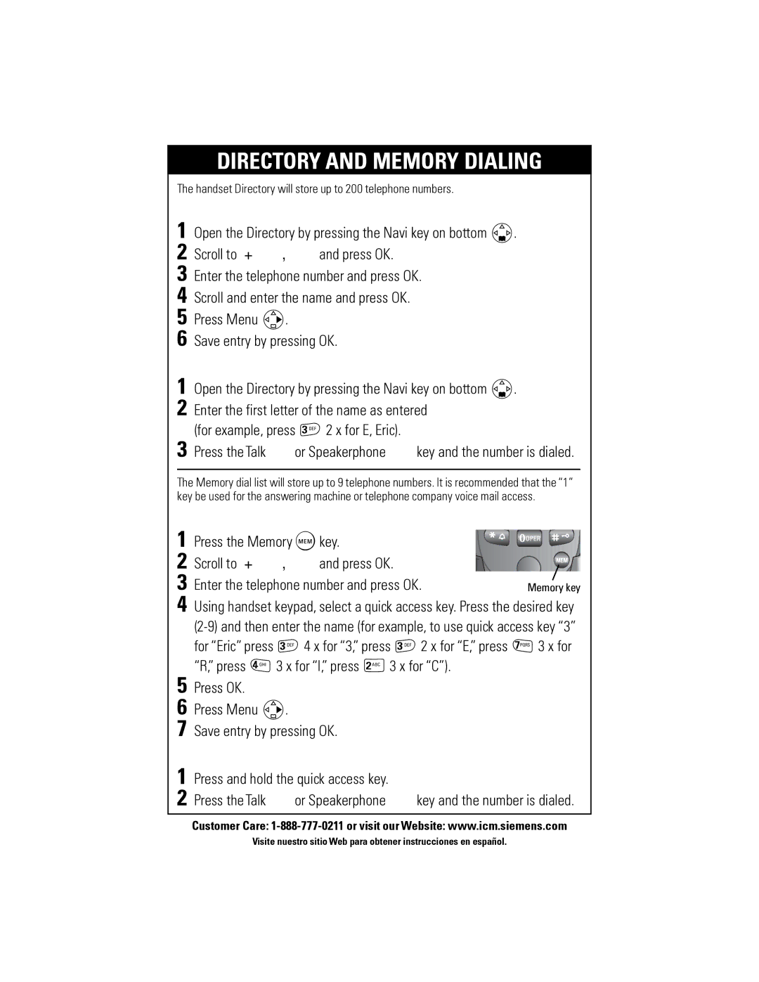 Siemens PB410QSG Directory and Memory Dialing, Storing Directory Entries, Dialing from Directory, Dialing from Memory 