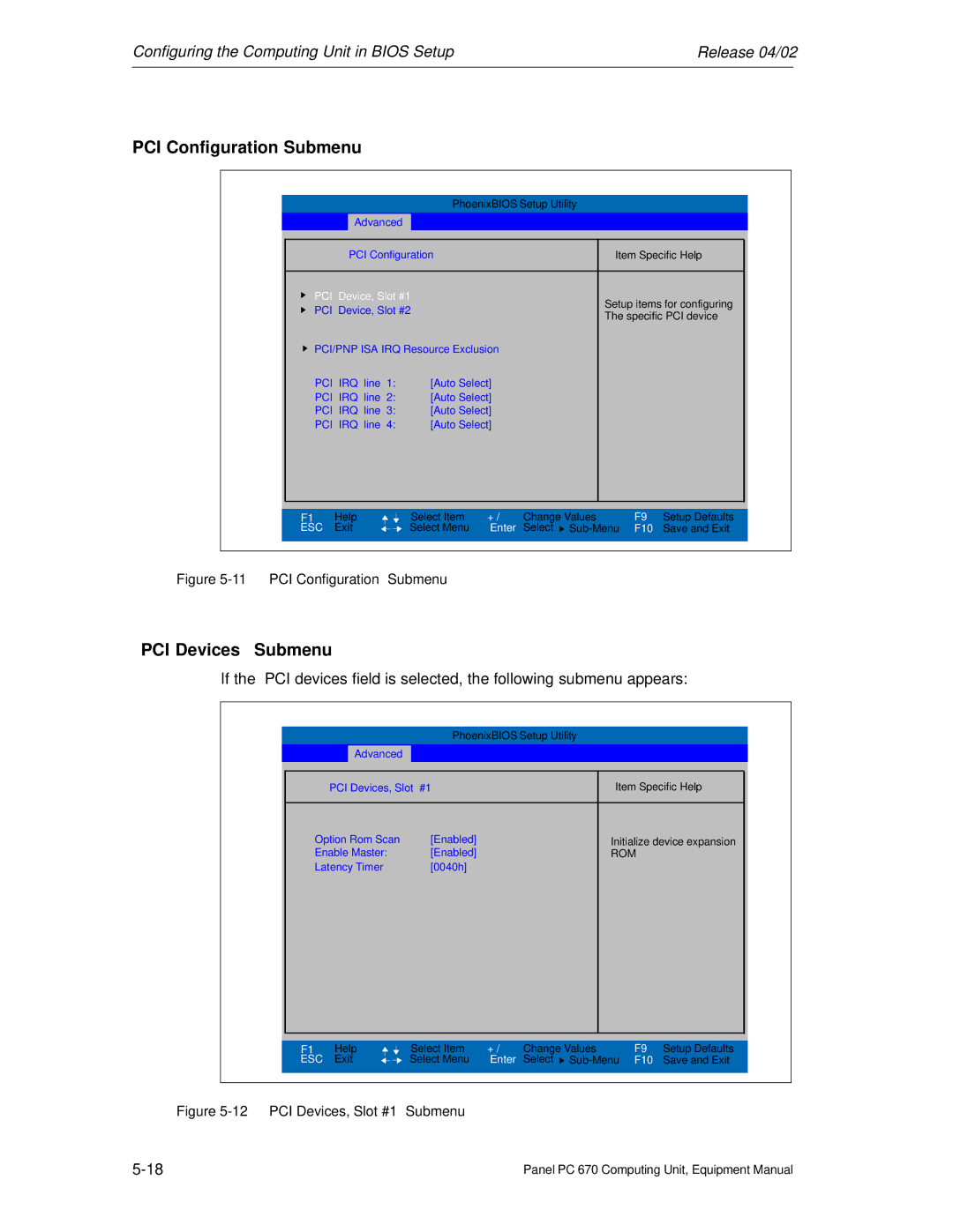 Siemens PC 670 manual PCI Configuration Submenu, PCI Devices Submenu 