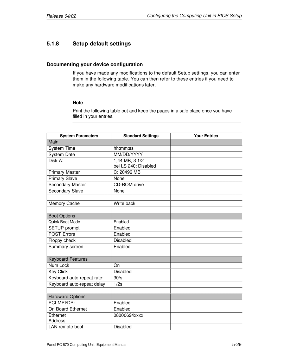 Siemens PC 670 manual Setup default settings, Documenting your device configuration 