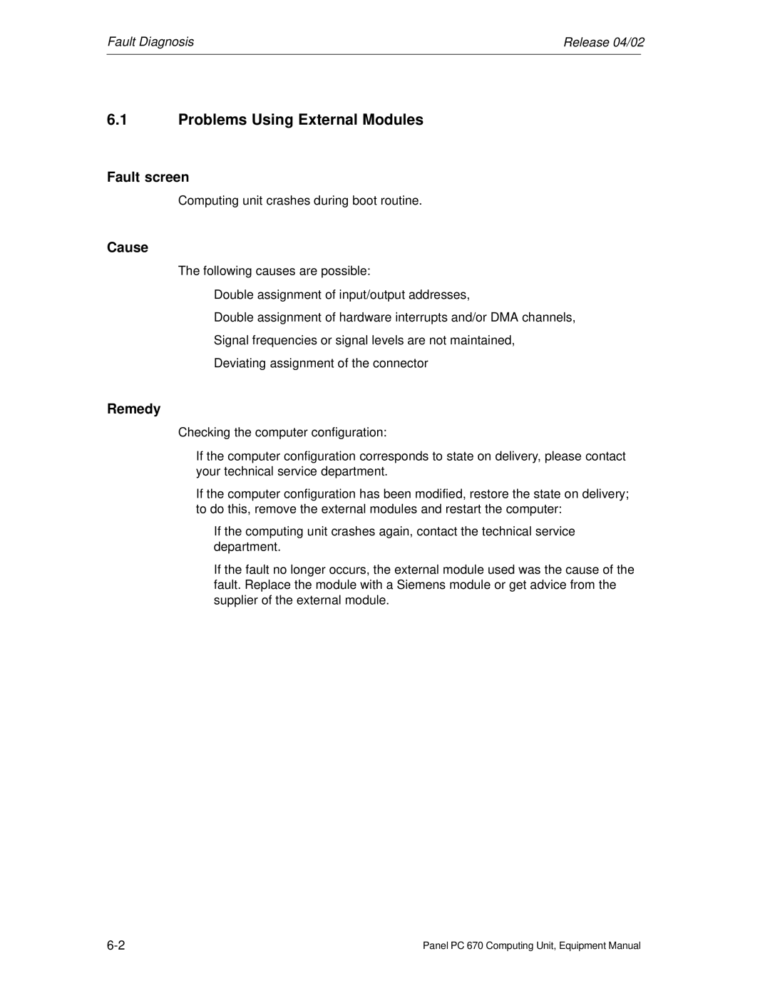 Siemens PC 670 manual Problems Using External Modules, Fault screen, Cause, Remedy 